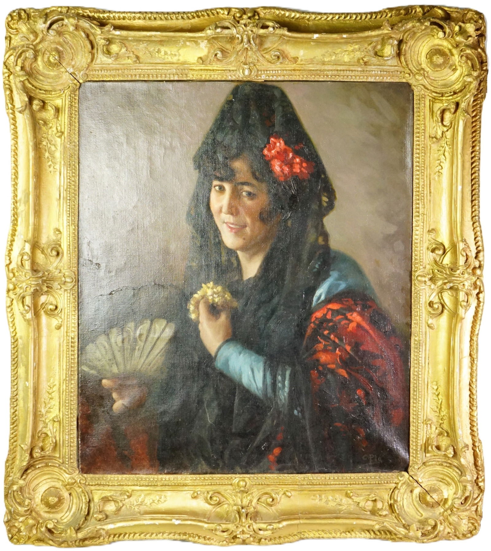 Cecilio Pla Y Gallardo (Spanish 1860-1934)An Elegant Lady Wearing A Mantilla, Oil on: Approximate size:frame 33x37.5x3 in/image 23x27 in Shipping: We offer in-house shipping services for most small items. This means that we will take care of packing and shipping the items directly to y