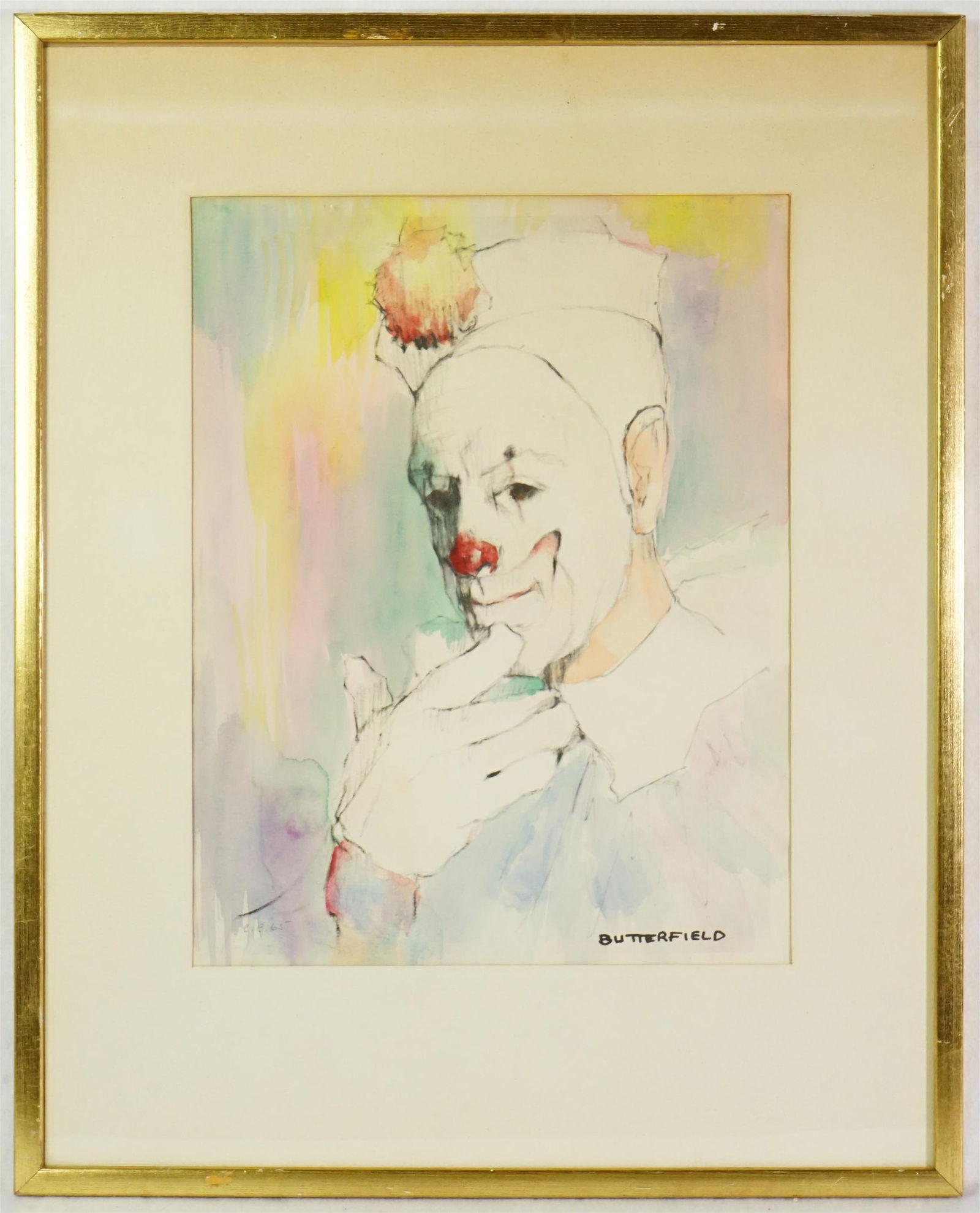 orig Cortland Butterfield Funny Curious Clown Watercolor Painting: Approximate size:frame 16.5x21 in/image 10x13 in Shipping: We offer in-house shipping services for most small items. This means that we will take care of packing and shipping the items directly to you