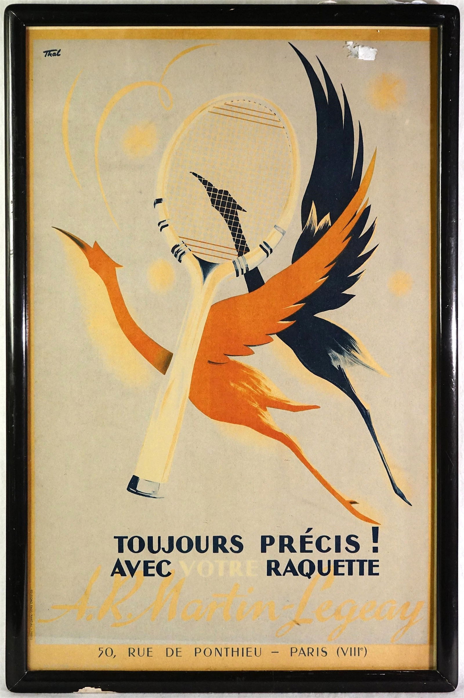 "A.R. Martin-Legeay" Tennis Racket Crane Design, French Sport Poster: Approximate size:frame 16x25in Shipping: We offer in-house shipping services for most small items. This means that we will take care of packing and shipping the items directly to you. For larger or sp