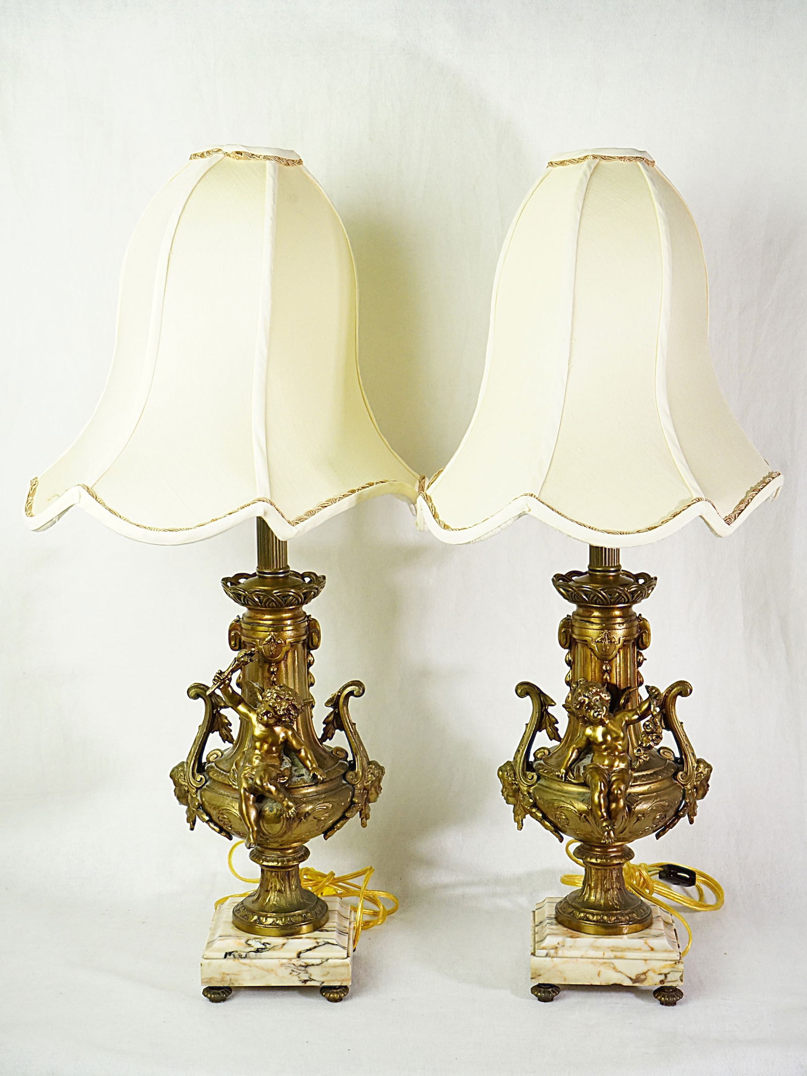 Vintage Gilt Marble Figural Cherub Table Lamps: Approximate size:28x7x7 in,shade 11x16x11 in Shipping: We offer in-house shipping services for most small items. This means that we will take care of packing and shipping the items directly to you. Fo