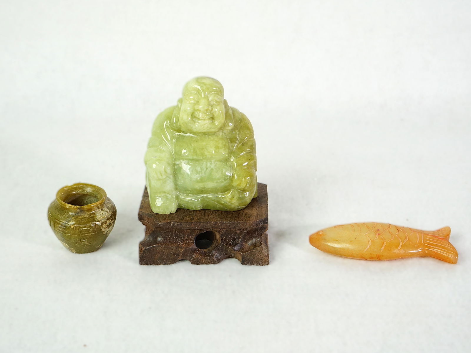 Chinese Jade Carved Buddha Fish and Jar: Approximate size:buddha H:3 in,fish L 3 in,vase 1.25x1.25 in Shipping: We offer in-house shipping services for most small items. This means that we will take care of packing and shipping the items dir