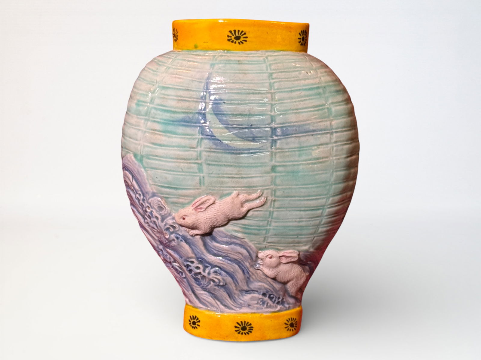 Japanese Banko Pottery Wall Vase With Rabbit: Japanese banko kiln pottery wall vase with rabbit and wave scene, 6.8"ht Shipping: We offer in-house shipping services for most small items. This means that we will take care of packing and shipping t