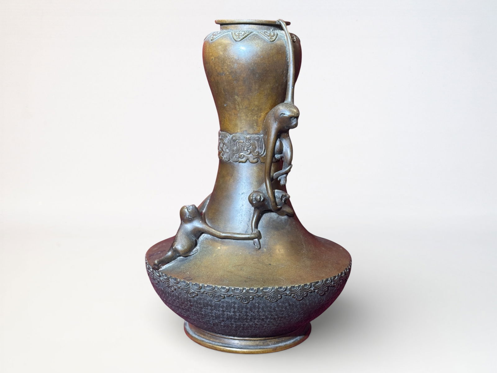 Japanese Bronze Vase With Monkey: Japanese meiji period bronze vase with monkey scene, signed, 12.25"ht Shipping: We offer in-house shipping services for most small items. This means that we will take care of packing and shipping the