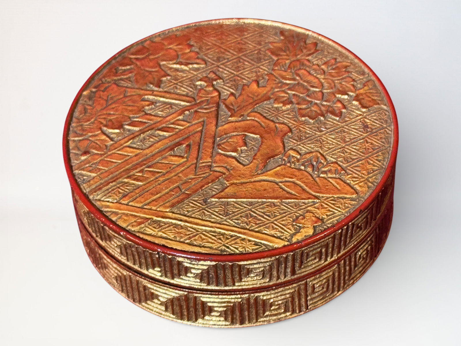 Japanese Wood Seal Paste Box With Gold Lacquer: Japanese gilted wood round seal seap box with low relief carving, black lacquer interior, 3.2"dia Shipping: We offer in-house shipping services for most small items. This means that we will take care