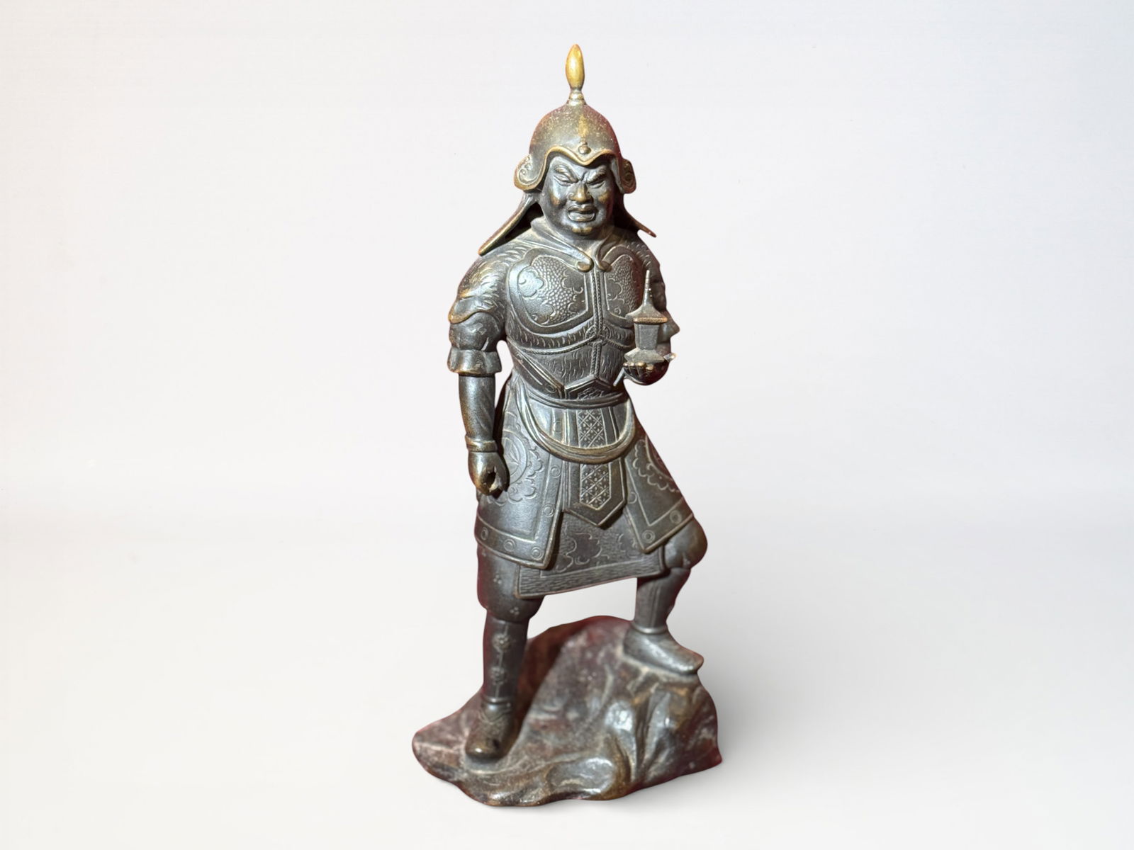 Japanese Bronze Warrior With Pagoda In Hand: Japanese meiji bronze warrior with pagoda in hand, 10"ht, previously mounted as a lamp Shipping: We offer in-house shipping services for most small items. This means that we will take care of packing