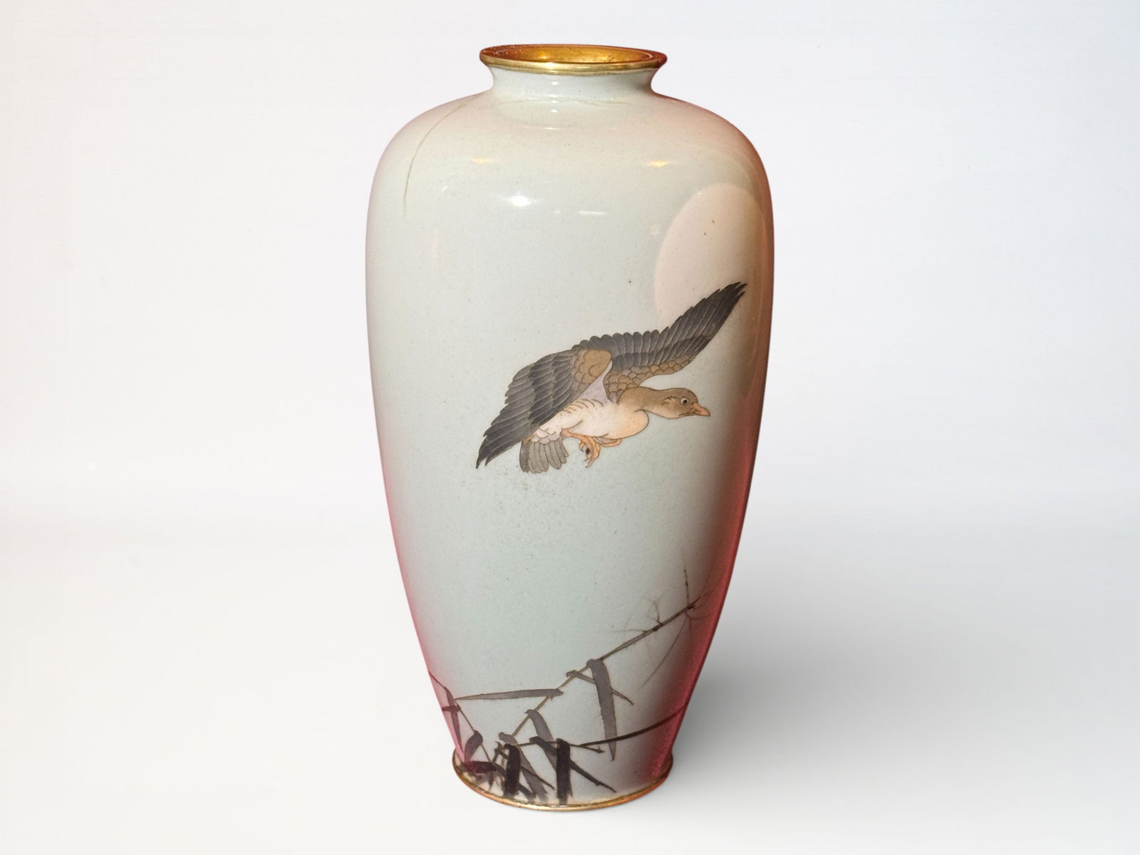 Japanese Cloisonne Vase Namikawa Sosuke School: Japanese cloisonne by the namikawa sosuke school, goose scene in wire and wireless comnbination, 7.2"ht, unsigned Shipping: We offer in-house shipping services for most small items. This means that we