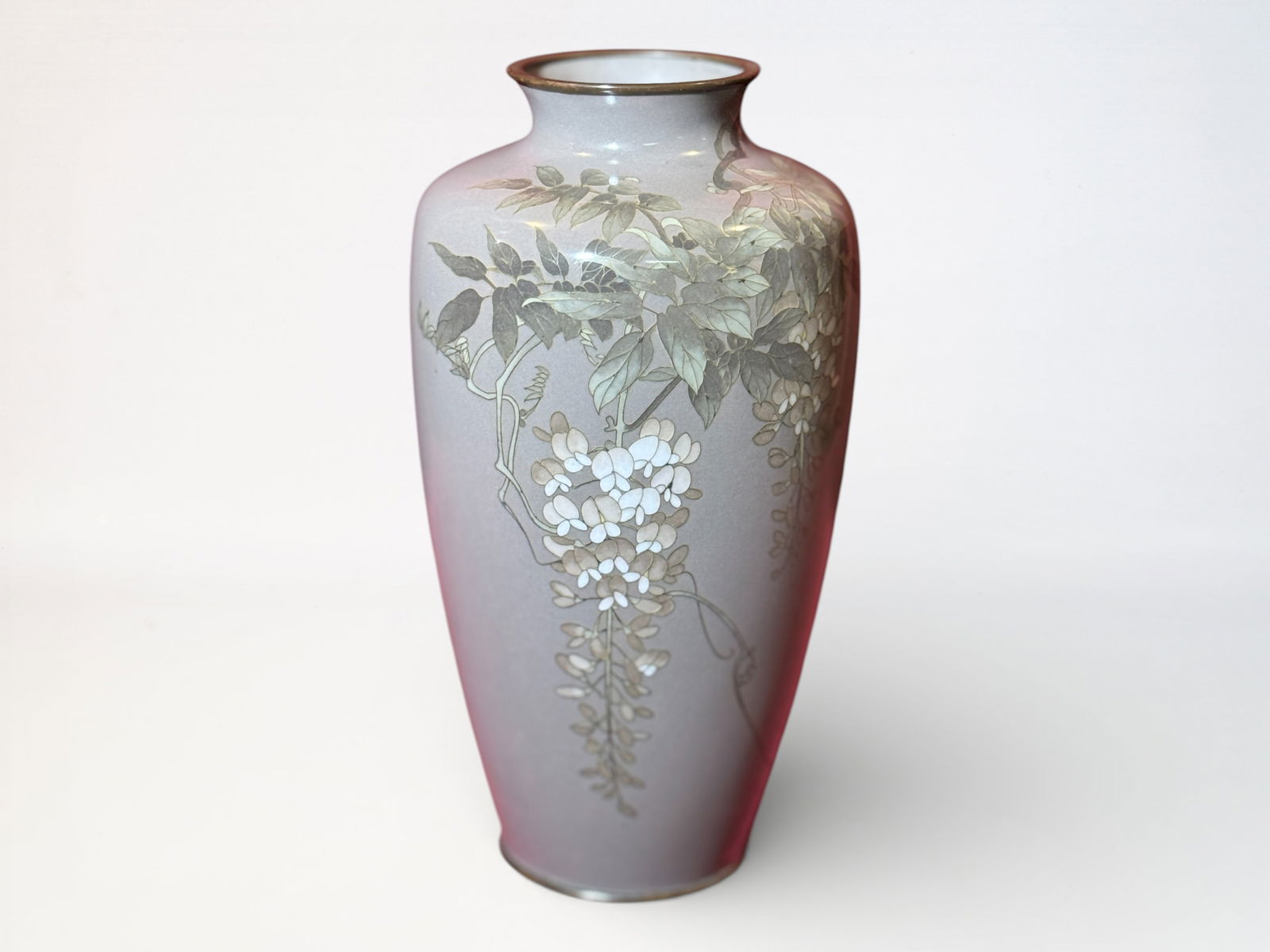 Japanese Cloisonne Vase of Wisteria Motif: Japanese cloisonne vase with wisteria motif, 7.2"ht Shipping: We offer in-house shipping services for most small items. This means that we will take care of packing and shipping the items directly to
