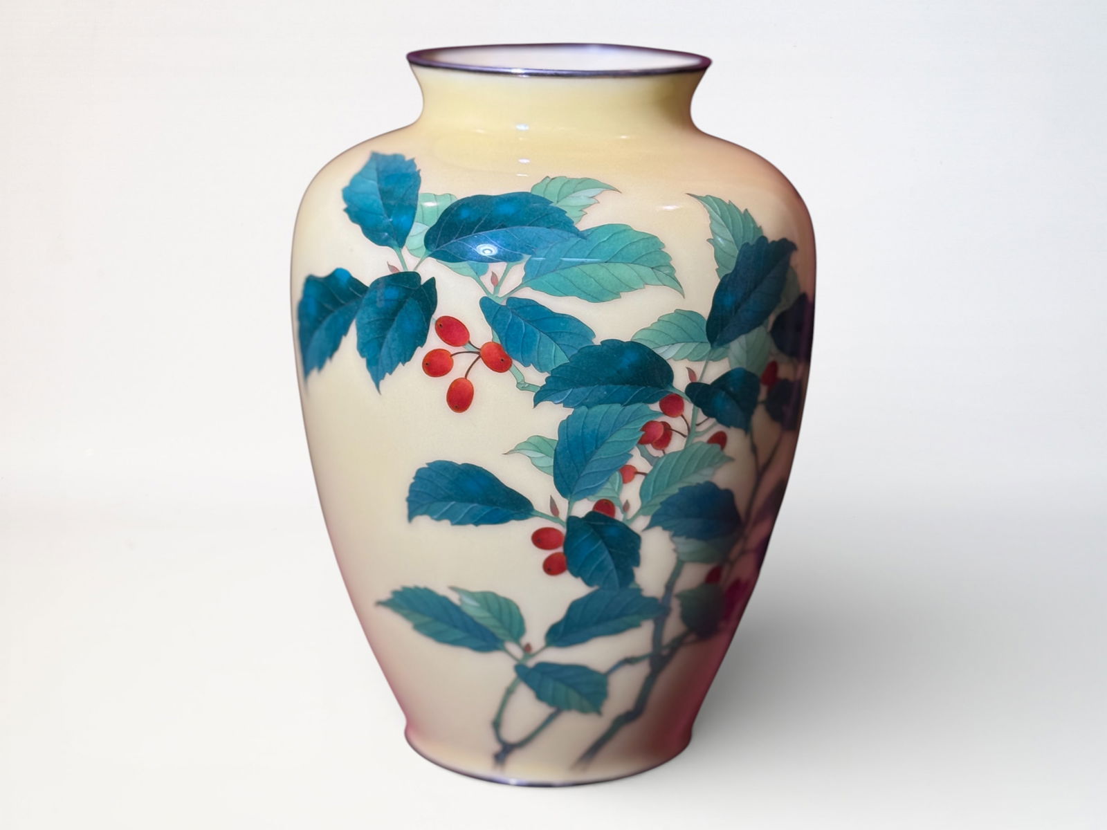 Japanese Yellow Cloisonne Vase With Berry: Japanese yellow ground cloisonne with berry scene, 9.5"ht, signed Shipping: We offer in-house shipping services for most small items. This means that we will take care of packing and shipping the item