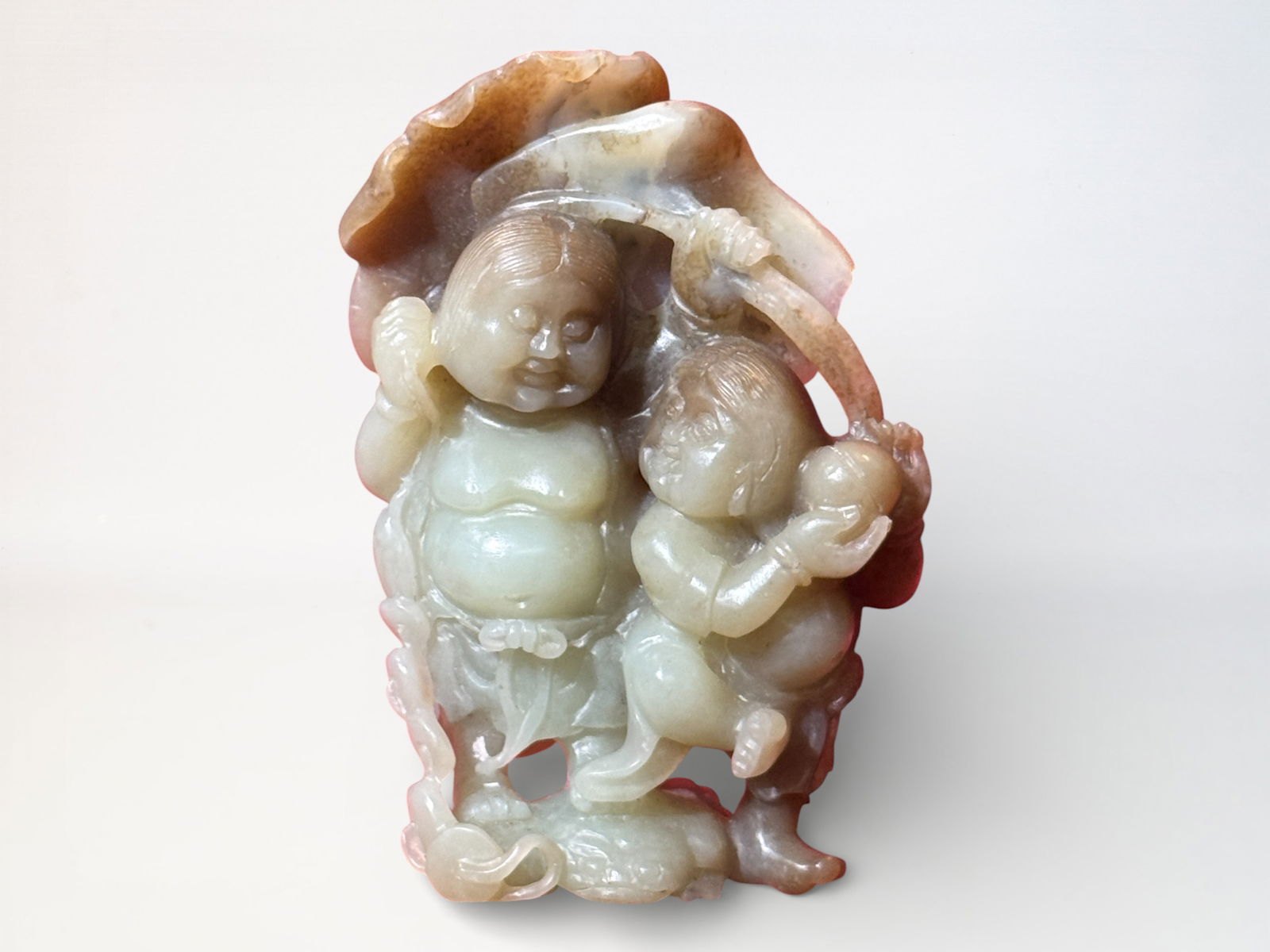 Chinese Jade Carving of Hehe Immortals: Chinese celadon jade carving of hehe immortals, 4"ht Shipping: We offer in-house shipping services for most small items. This means that we will take care of packing and shipping the items directly to