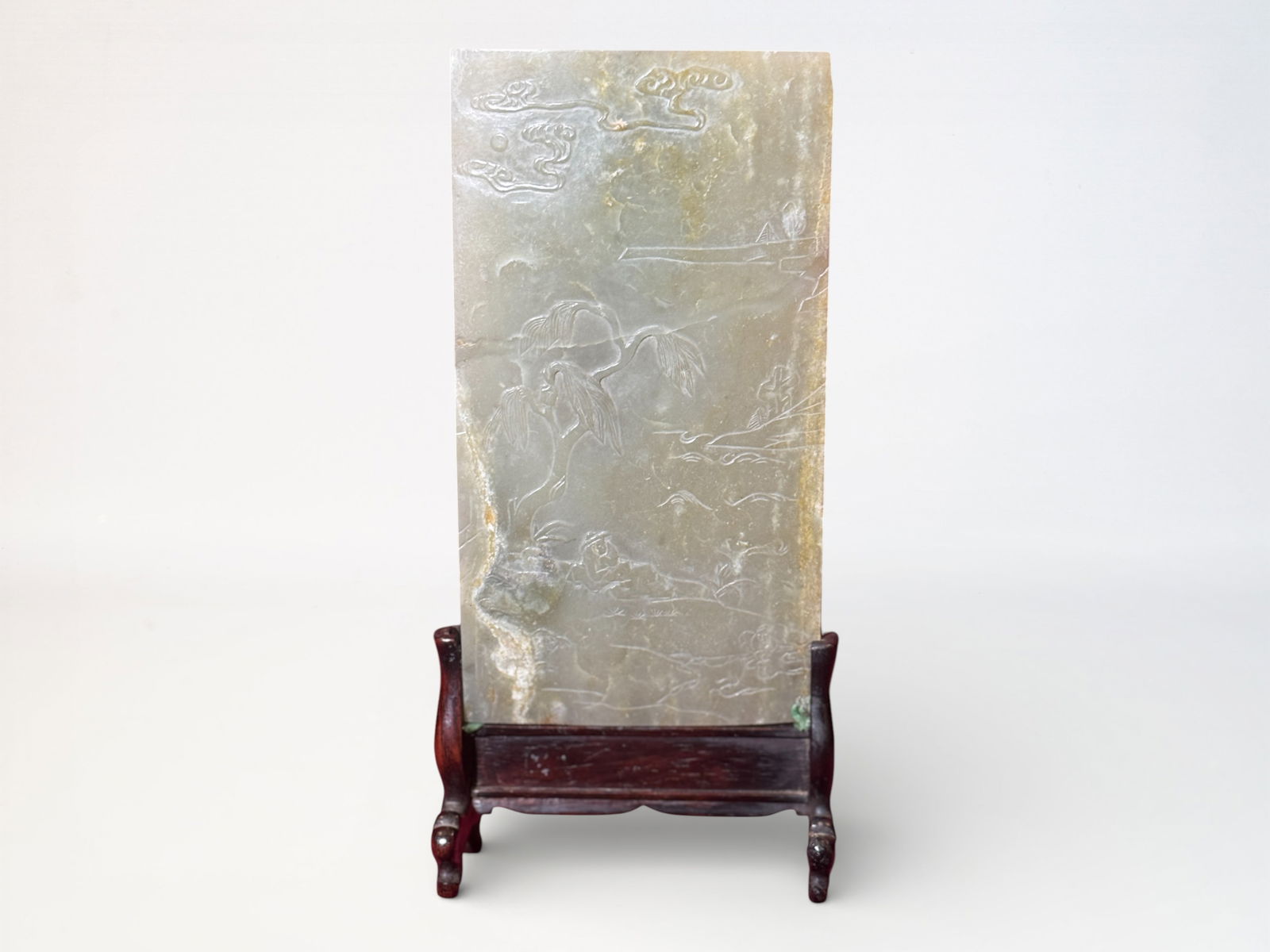 Chinese Carved Celadon Jade Scholar Ink Screen: Chinese celadon jade ink screen, 9.75"ht 4.75"w Shipping: We offer in-house shipping services for most small items. This means that we will take care of packing and shipping the items directly to you.