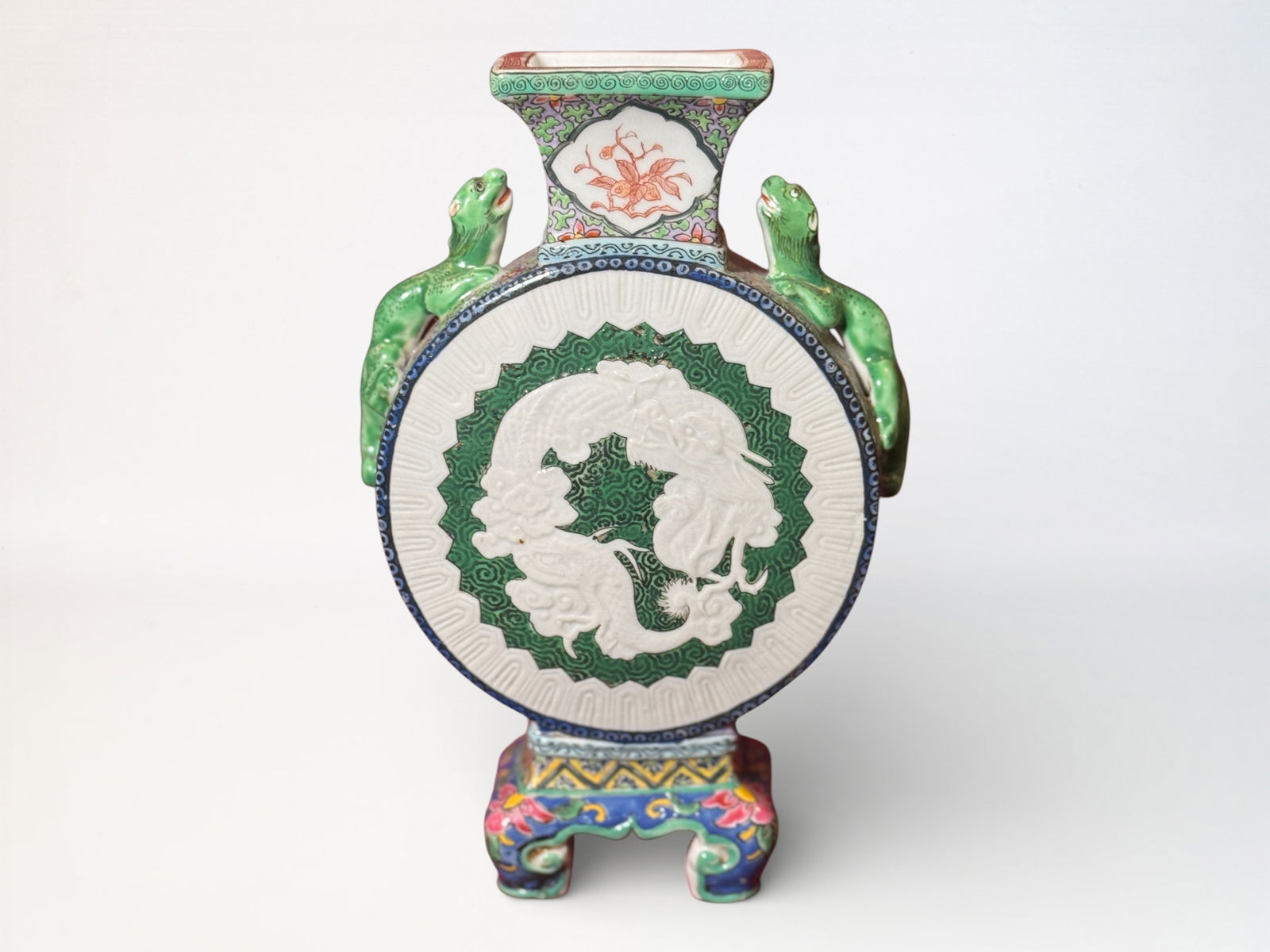Japanese Studio Porcelain Moonflask Vase: Japanese studio porcelain vase of moonflask shape, dragon motif, 7"ht Shipping: We offer in-house shipping services for most small items. This means that we will take care of packing and shipping the