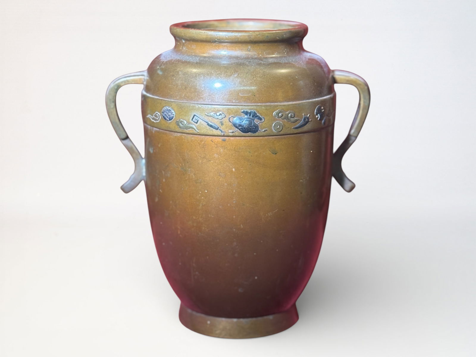 Japanese Mixed Metal Vase With Various Precious Object Inlay Design: Japanese meiji period bronze vase with various precious object, 9.5"ht Shipping: We offer in-house shipping services for most small items. This means that we will take care of packing and shipping the