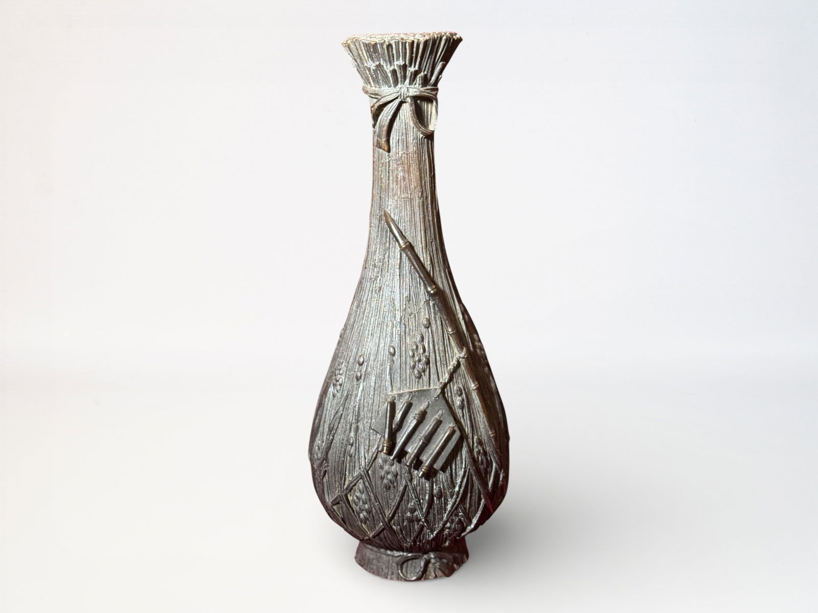 Japanese Meiji Bronze Vase Bundled Straw: Japanese meiji bronze vase, 12.5"ht, imitating bundled straw, signed Shipping: We offer in-house shipping services for most small items. This means that we will take care of packing and shipping the i