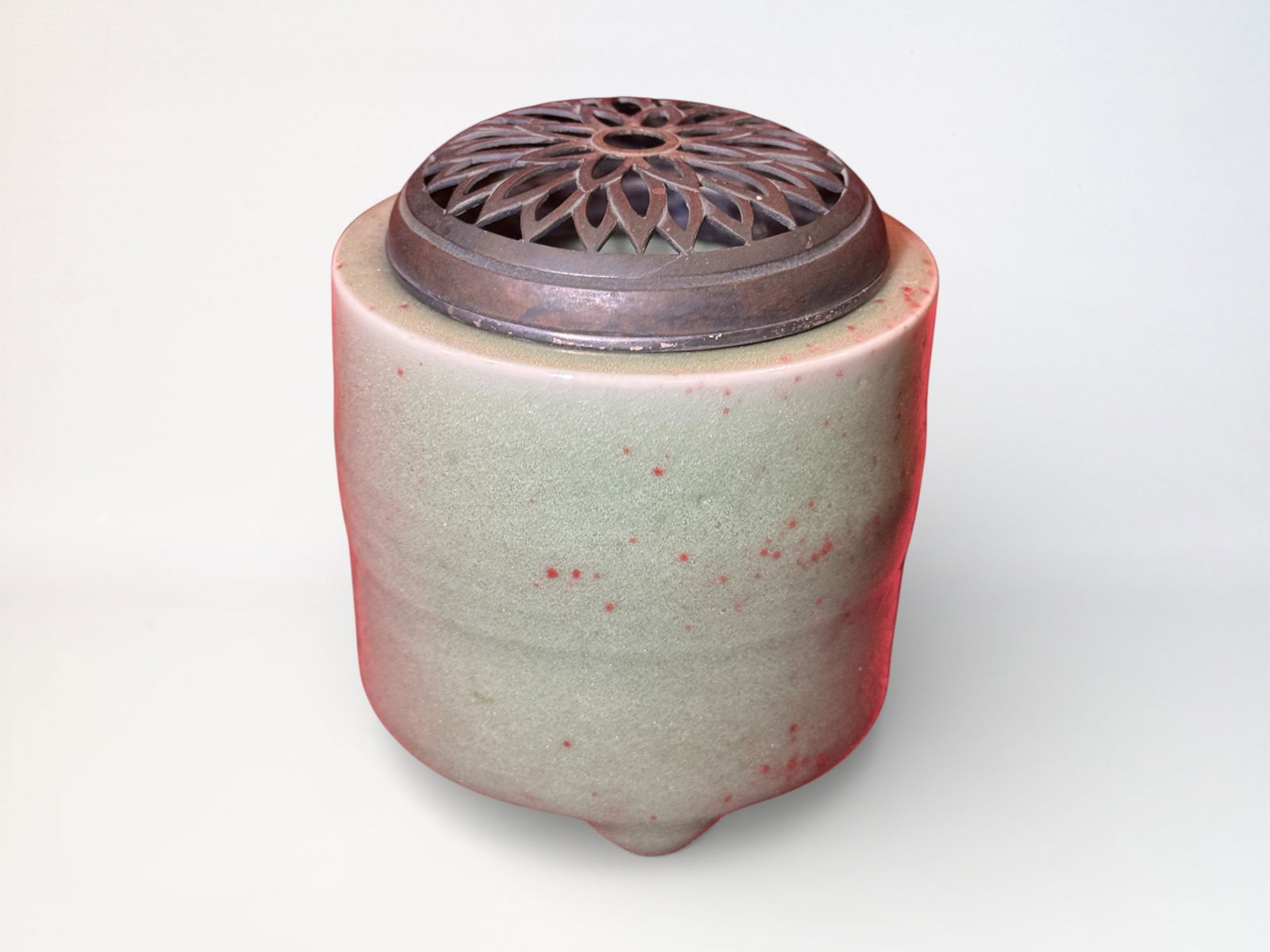 Japanese Studio Porcelain Celadon Censer: Japanese studio porcelain signed, celadon with copper red spot, with original wood box, censer 4"ht Shipping: We offer in-house shipping services for most small items. This means that we will take car