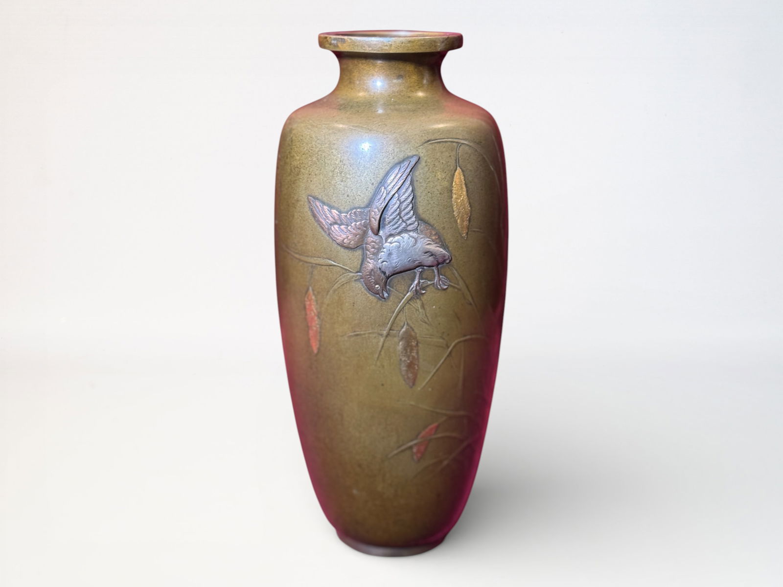 Japanese Mixed Metal Vase Bird Scene: Japanese meiji mixed metal bronze vase of bird and straw scene, signed, 7"ht Shipping: We offer in-house shipping services for most small items. This means that we will take care of packing and shippi