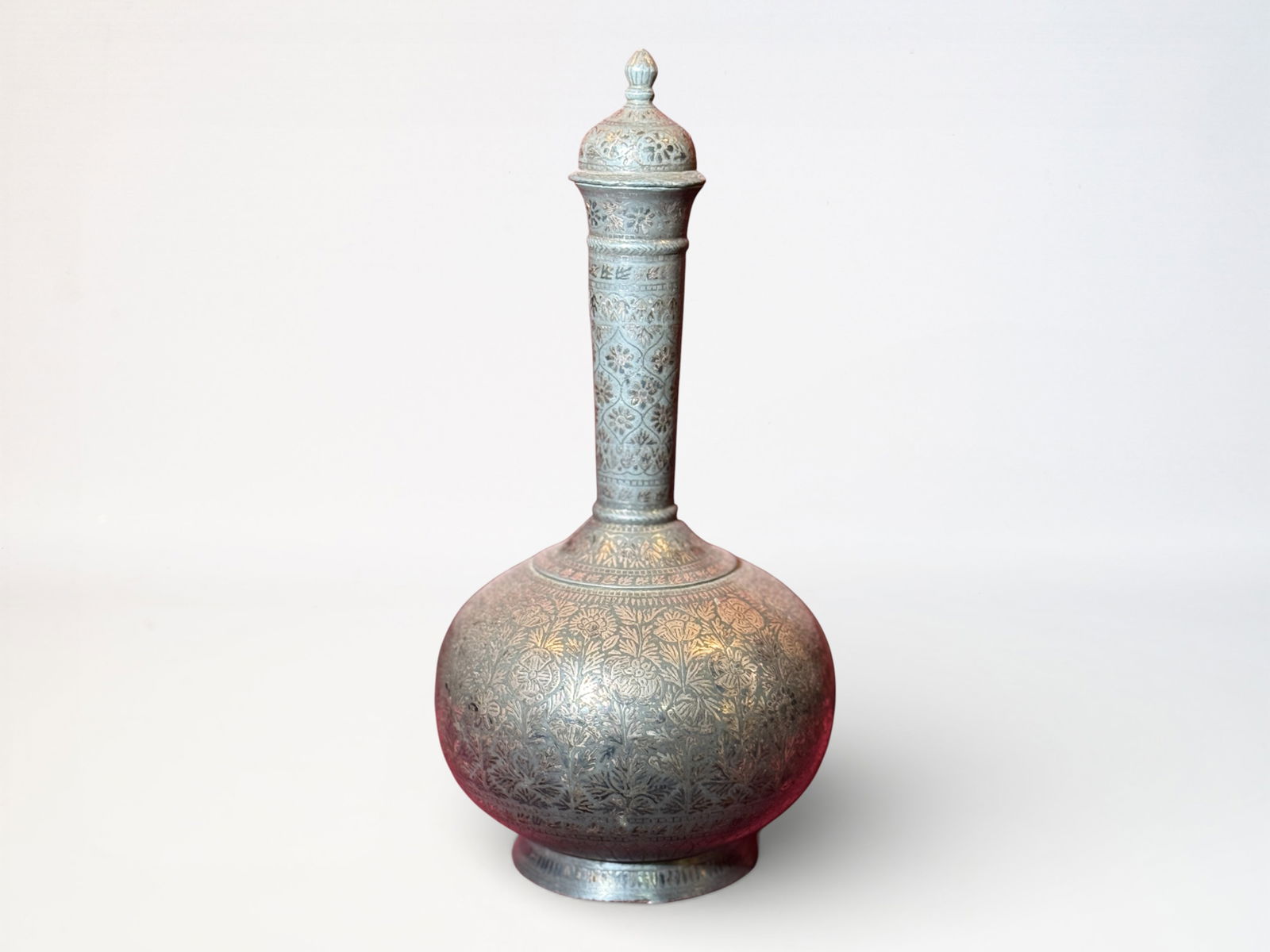 Antique Persian Peter Vase With Inlay: Antique persian pewter bottles with coverl, silver inlay motif, 12.5"ht Shipping: We offer in-house shipping services for most small items. This means that we will take care of packing and shipping th
