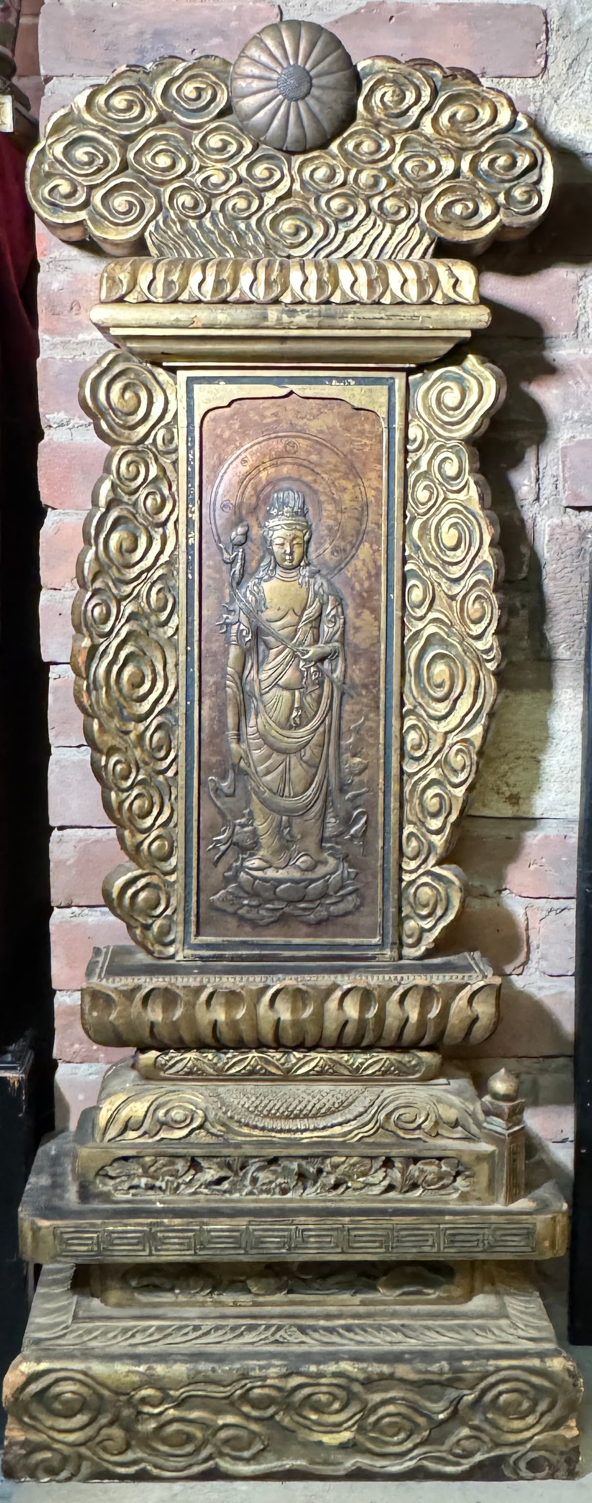 Large Japanese Wood Plaque With Copper Kuanyin: Japanese meiji period wood floor plaque with gilt copper plaque of standing kuanyin, 45"ht, losses of wood Shipping: We offer in-house shipping services for most small items. This means that we will t