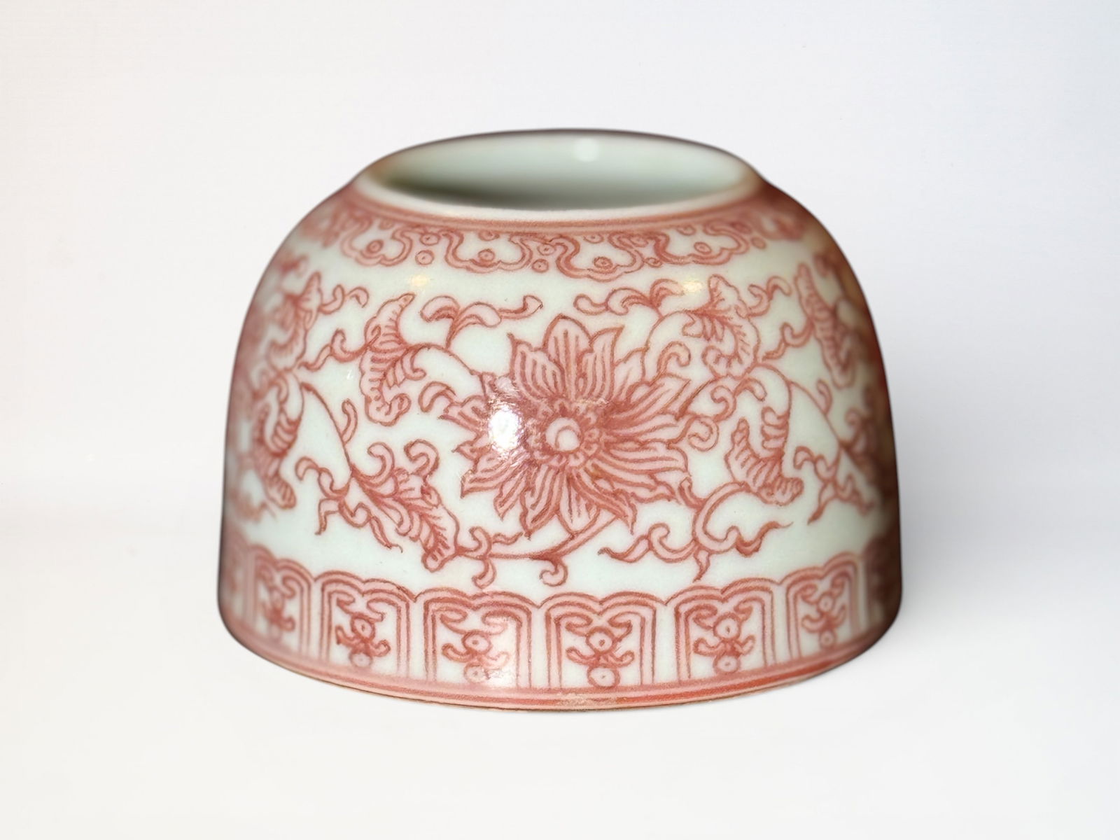 Chinese Copper Red ‘Lotus’ Beehive Waterpot: Chinese copper red decorated scholar water pot, 3.75"dia 2.5"ht Shipping: We offer in-house shipping services for most small items. This means that we will take care of packing and shipping the items