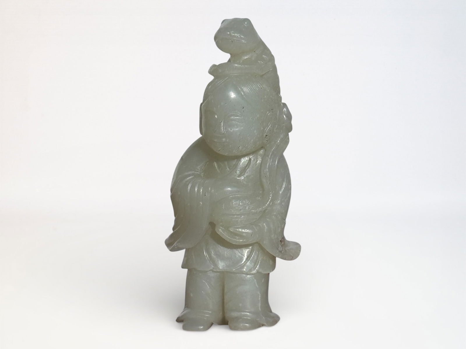 Chinese Jade 'Boy and Toad' Carving: Chinese carved jade boy with toad on top of head, 3.2"ht Shipping: We offer in-house shipping services for most small items. This means that we will take care of packing and shipping the items directl