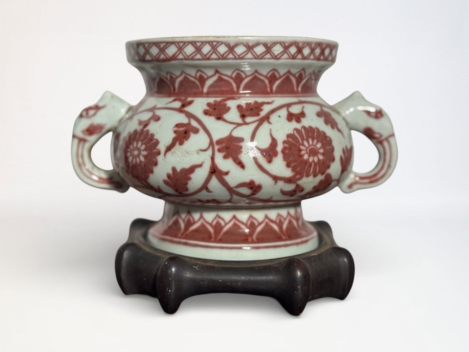 Chinese Copper Red Censer With Elephant-Head Handles and Hardwood Base: Chinese copper red porcelain censer with double handle, 8.6"w 5"ht Shipping: We offer in-house shipping services for most small items. This means that we will take care of packing and shipping the ite