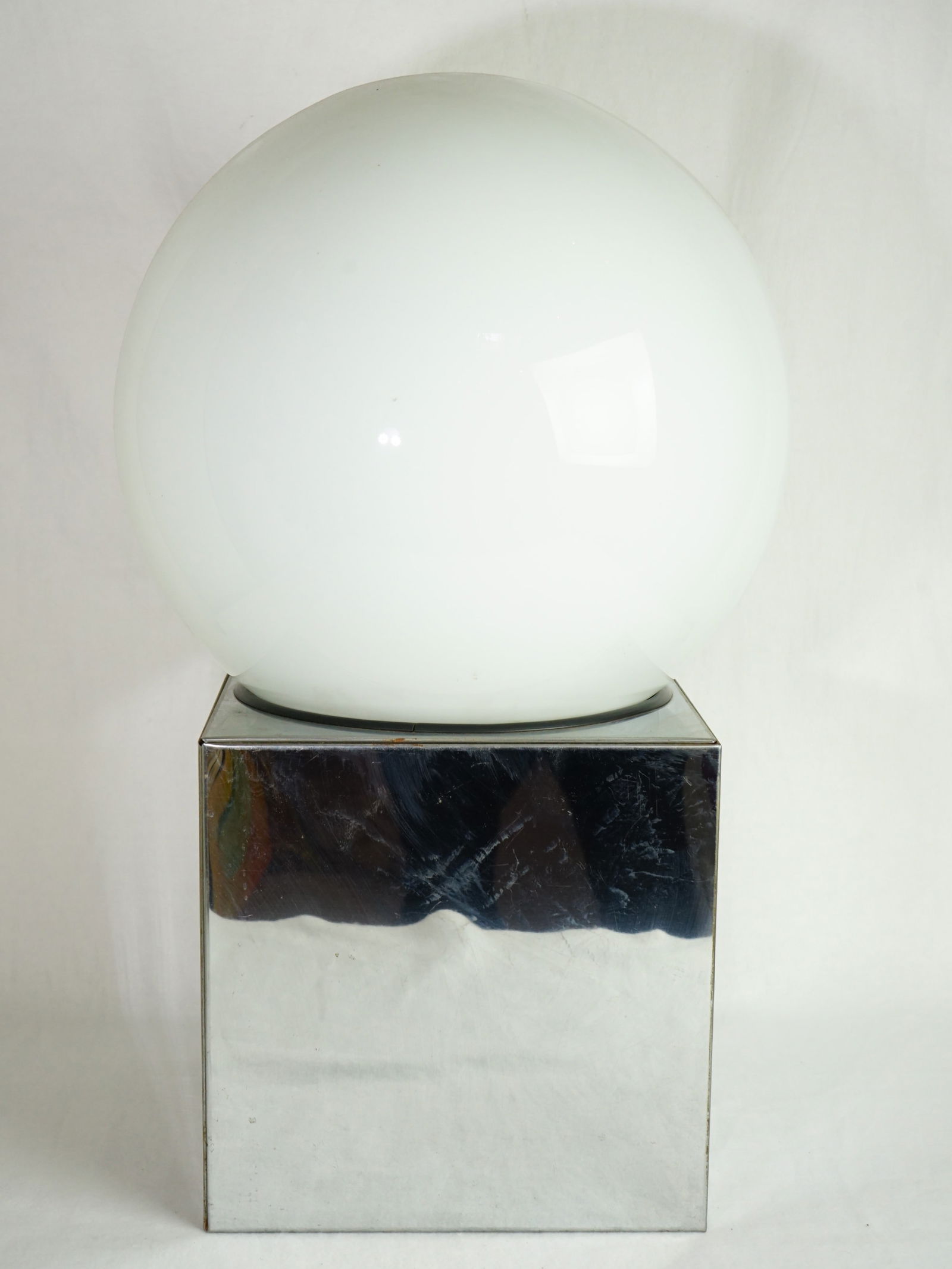 Robert Sonneman Retro orb Table Lamp Over Chrome Cube: Approximate size:shade dia 16 in/base 11x11x11 in Shipping: We offer in-house shipping services for most small items. This means that we will take care of packing and shipping the items directly to yo