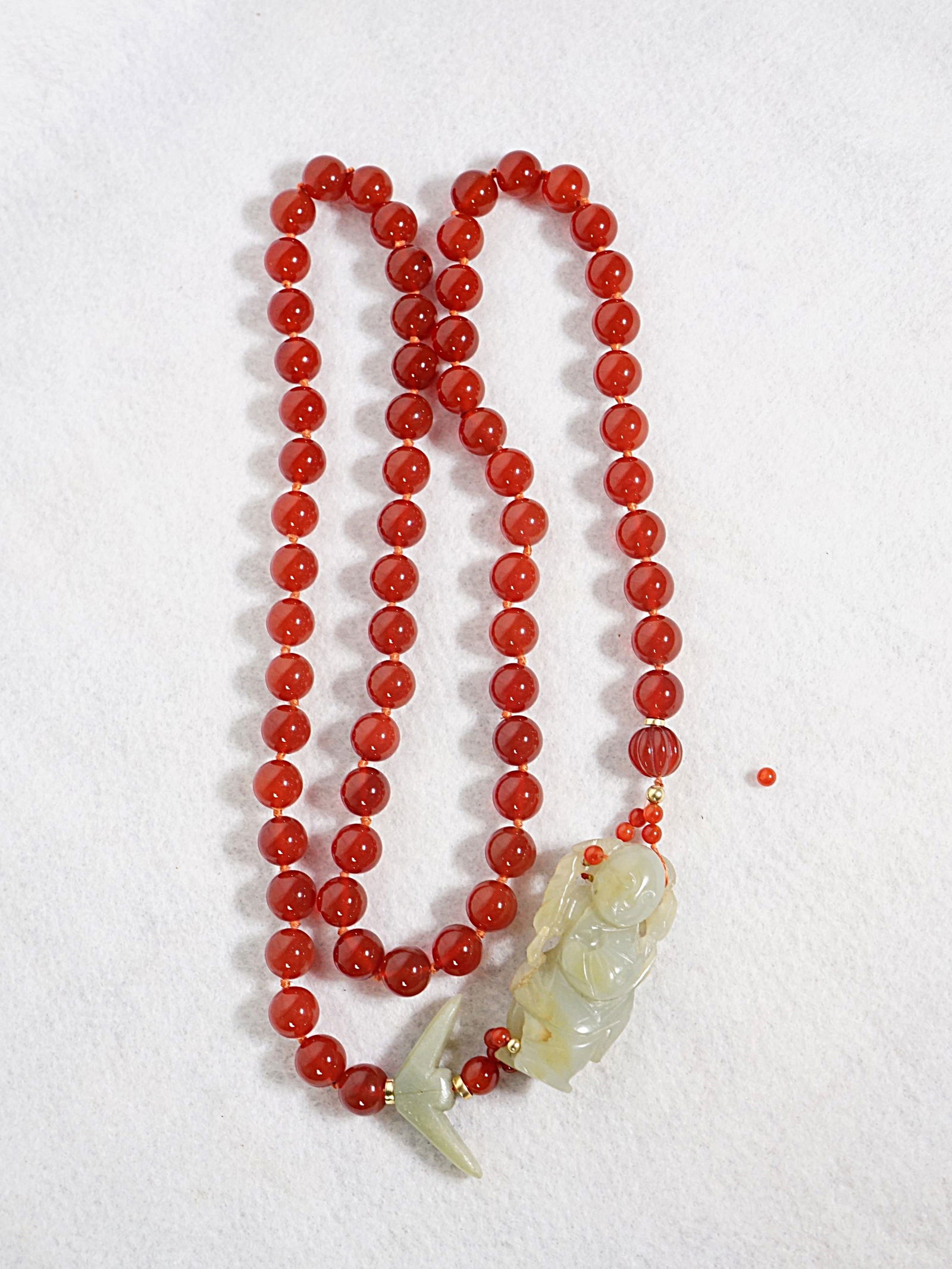 Chinese Red Agate Bead Necklace with Carved Jade Figure Pendant (1 of 7)