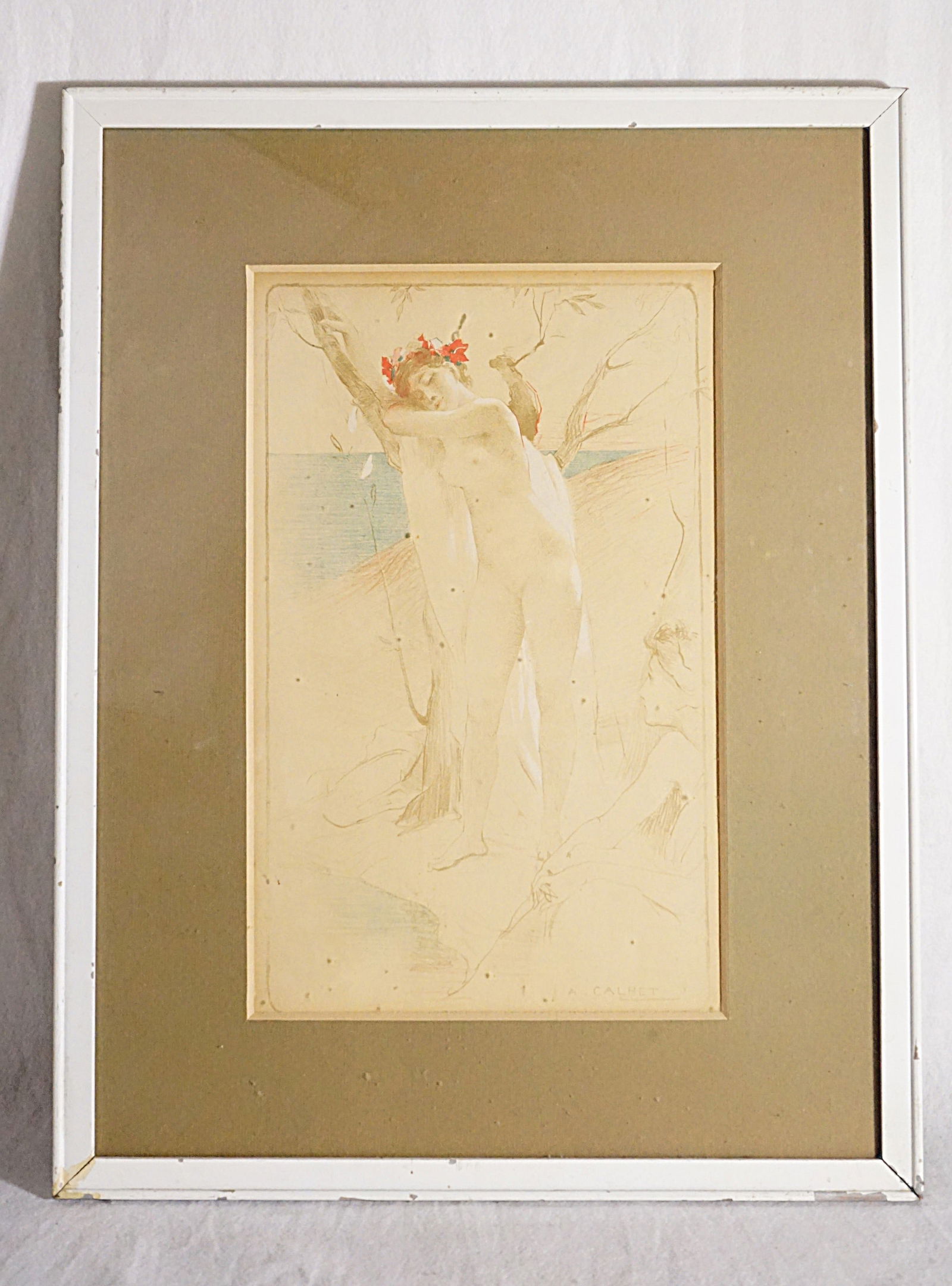 Antoine Calbet (1860–1944) Female Nude By The Shore, Color Etching: Approximate size:frame 17x22 in/ image 14.5x9 in Shipping: We offer in-house shipping services for most small items. This means that we will take care of packing and shipping the items directly to