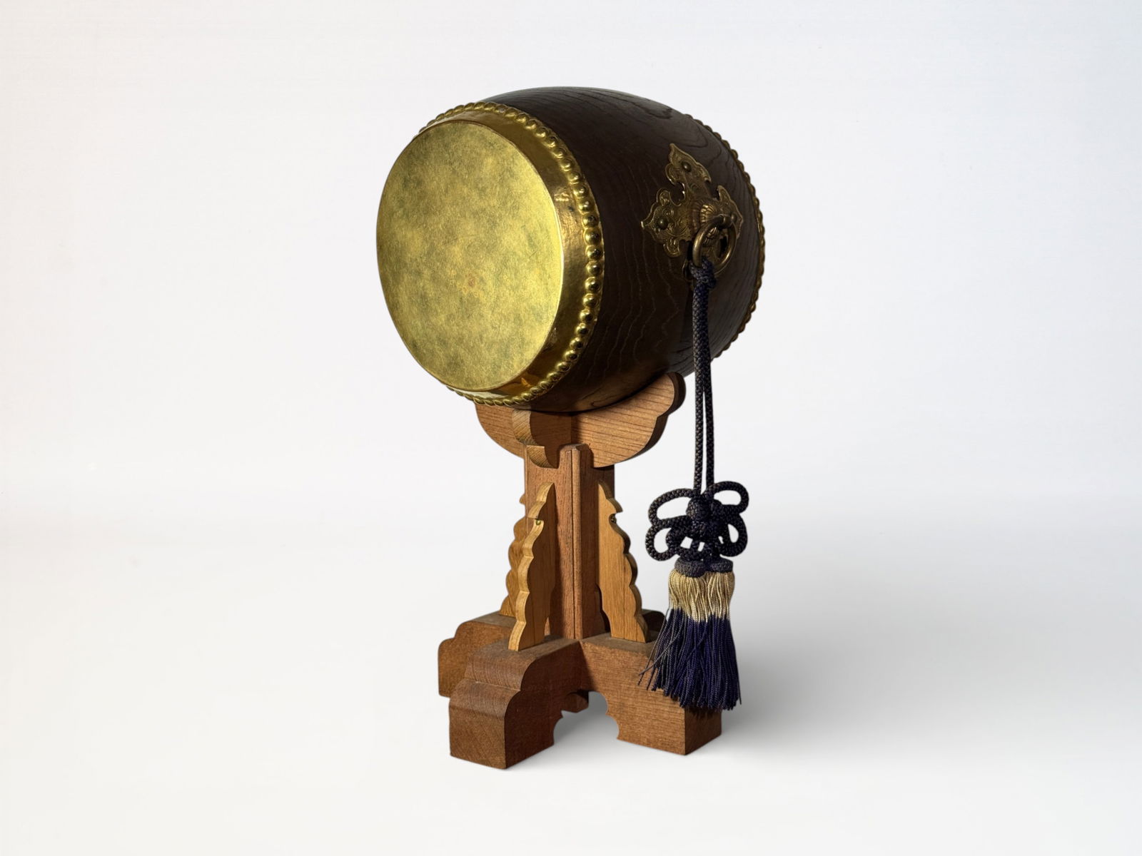 Japanese Wood Model of Ceremonial Drum: Japanese wood model of a ceremonial drum, with gilt brass fitting and sandal wood stand, 15"ht overall Shipping: We offer in-house shipping services for most small items. This means that we will take