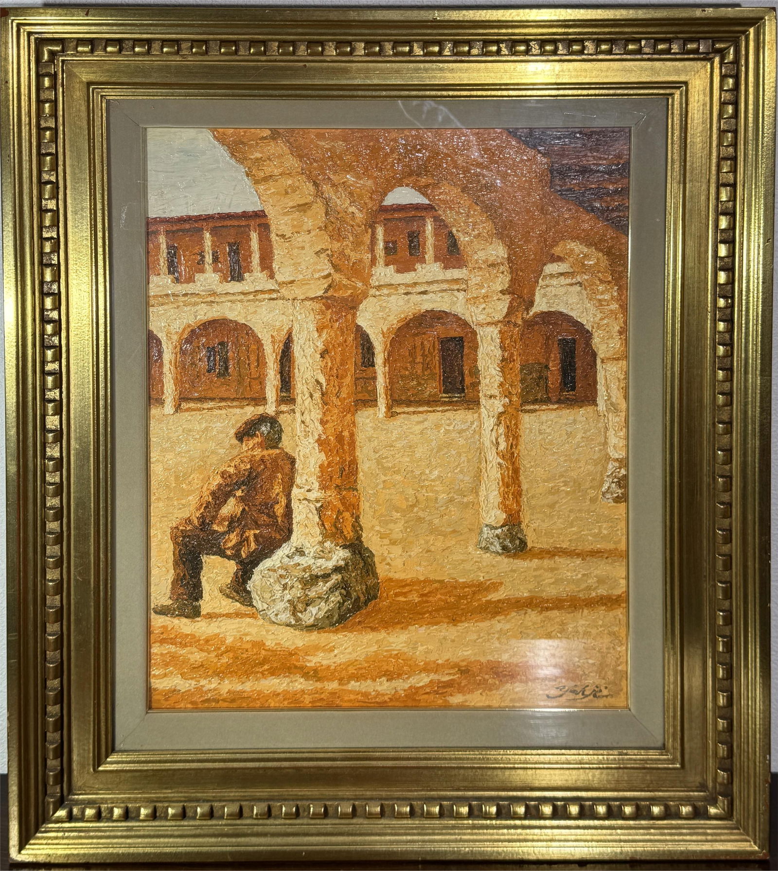 Japanese Oil Painting Boy In Courtyard: 12" by 15.5" painting, with frame 19" by 23", gold leaf wood frame Shipping: We offer in-house shipping services for most small items. This means that we will take care of packing and shipping the ite