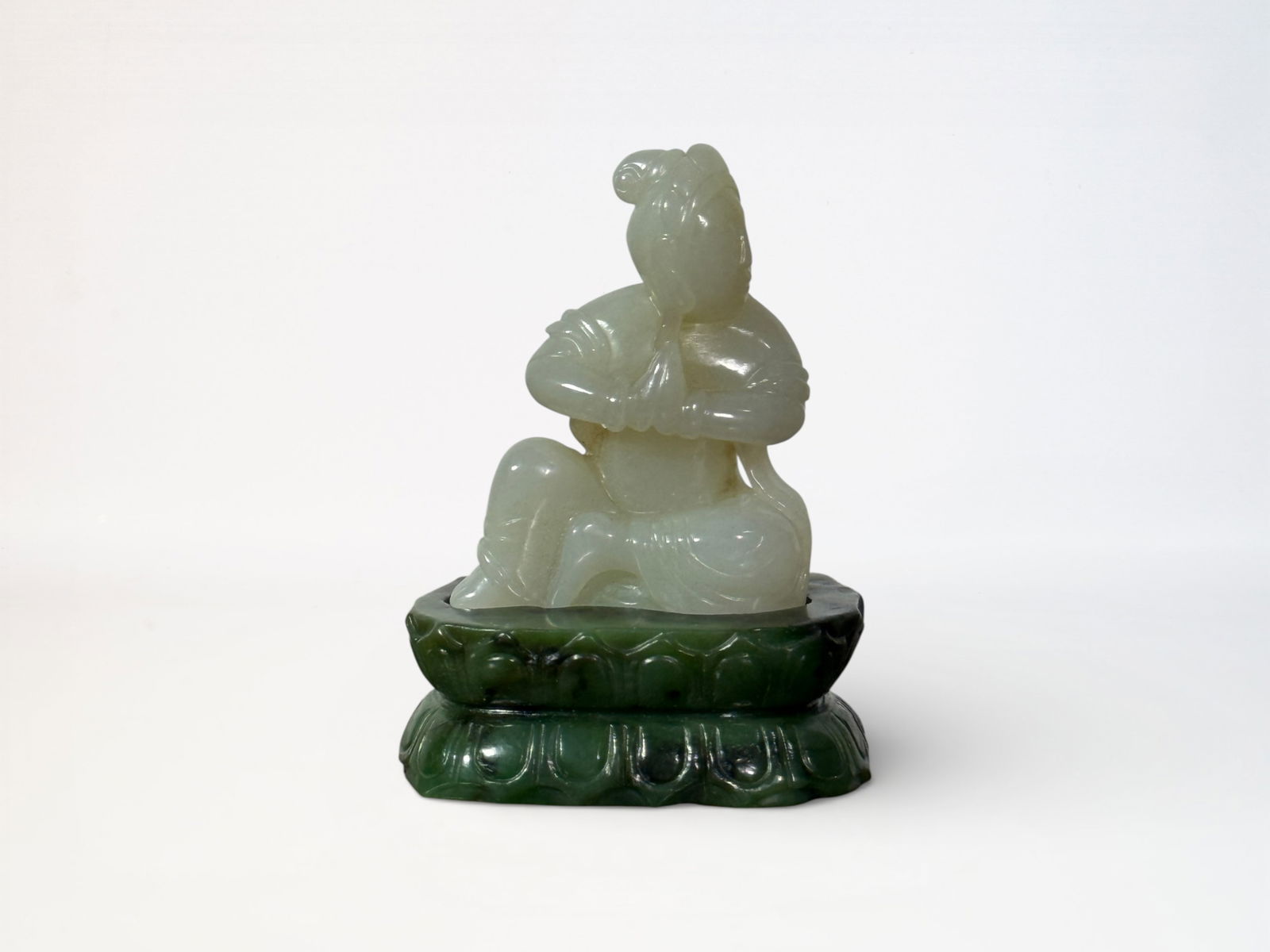 Chinese Carved White Jade Kuanyin on Spinach Jade Base (1 of 10)