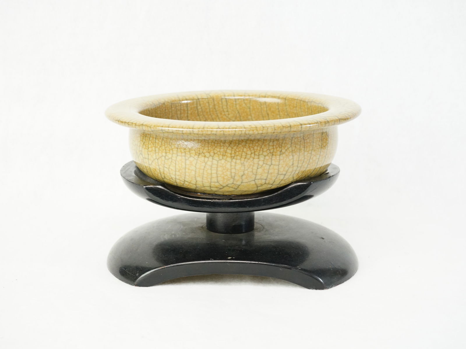 Chinese Crackle Glazed Bowl with Wood Stand: Approximate size:overall H:4.25 in, bowl 2x7x7 in Shipping: We offer in-house shipping services for most small items. This means that we will take care of packing and shipping the items directly to