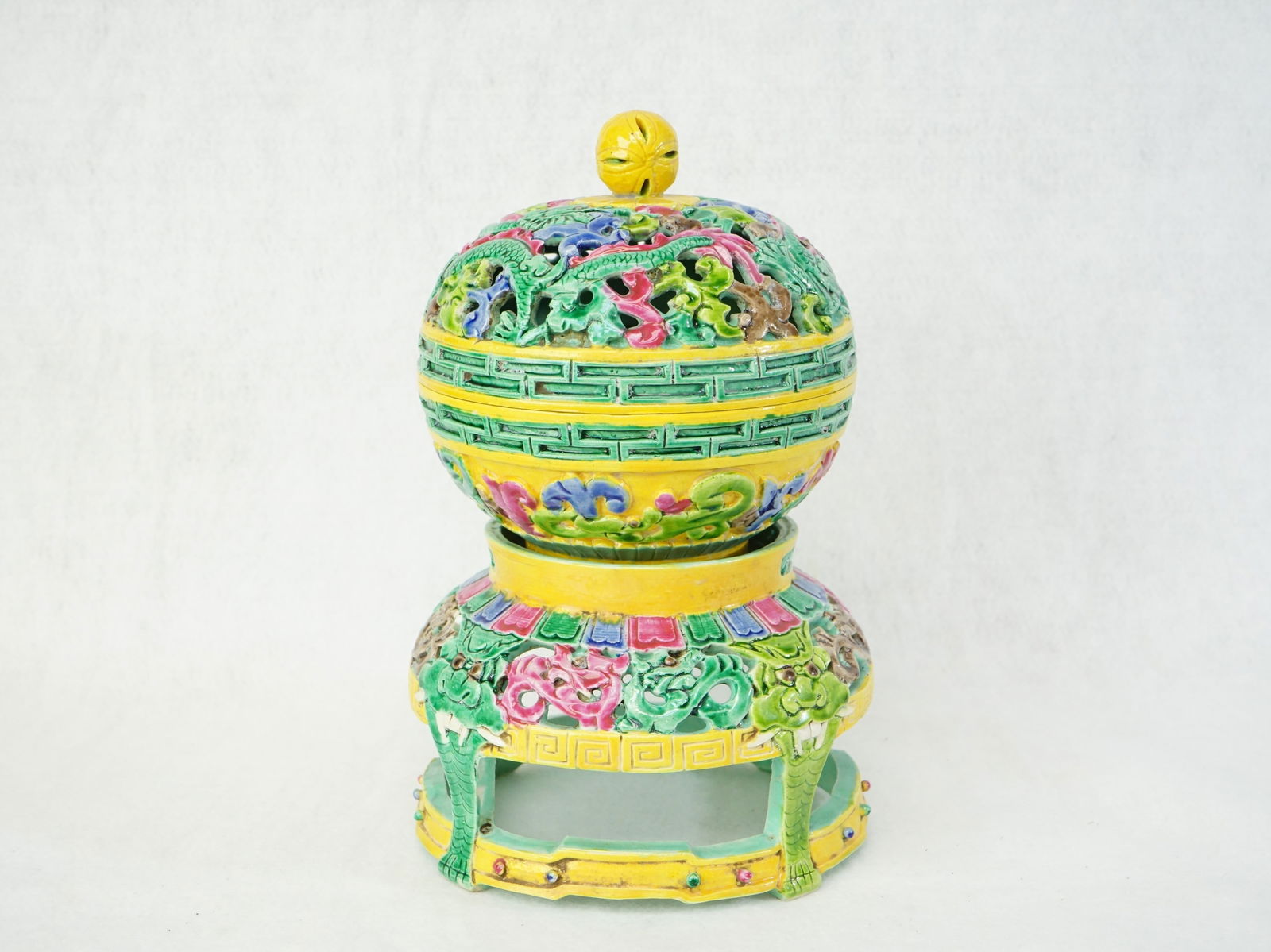 Chinese Sancai Glazed Openwork Censer with Stand,Republic Period: Approximate size:overall H:8 in ,censer H:5.25 in Shipping: We offer in-house shipping services for most small items. This means that we will take care of packing and shipping the items directly to yo
