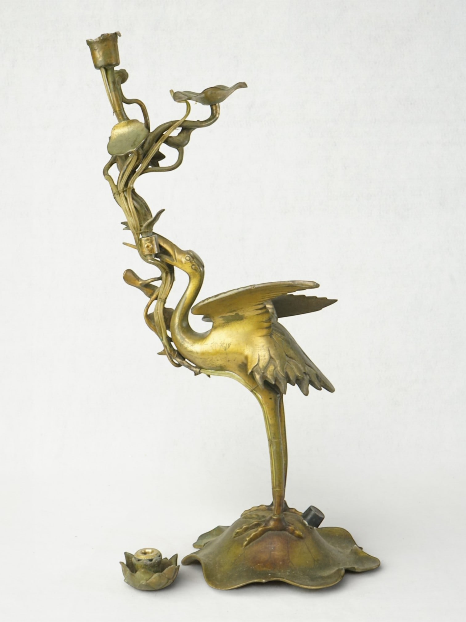 Japanese Bronze Candlesticks with Crane and Lotus Flower (1 of 5)