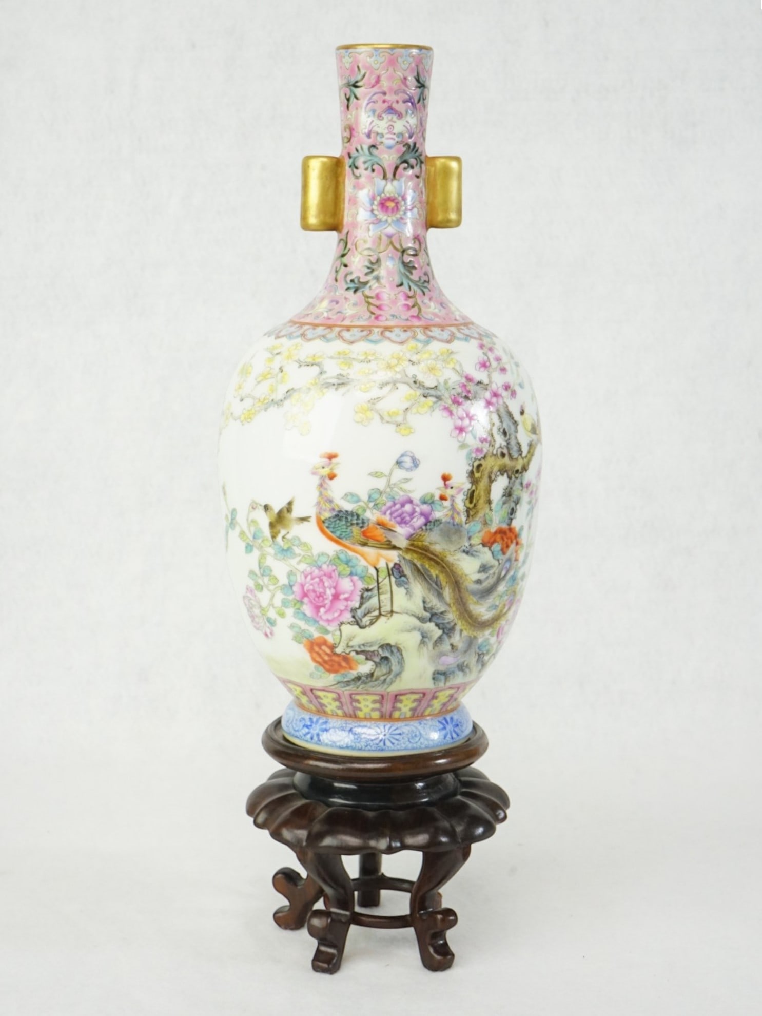 Chinese Famille Rose 'Flower and Bird' Arrow Vase with Wood Stand (1 of 8)