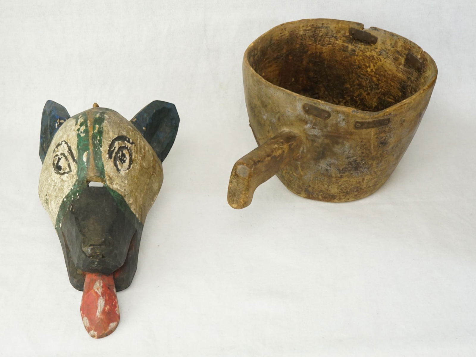 Antique Wooden Dog Mask and Scoop: Approximate size: 13x6x4 in,13x9x6.5 in Shipping: We offer in-house shipping services for most small items. This means that we will take care of packing and shipping the items directly to you. For