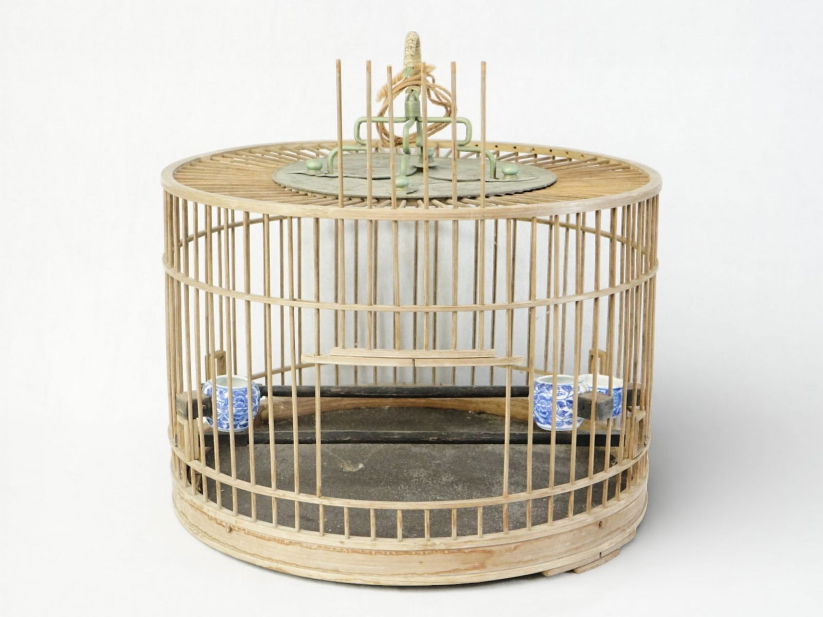 Chinese Bamboo Birdcage with Blue and White Bird Feeders (1 of 8)