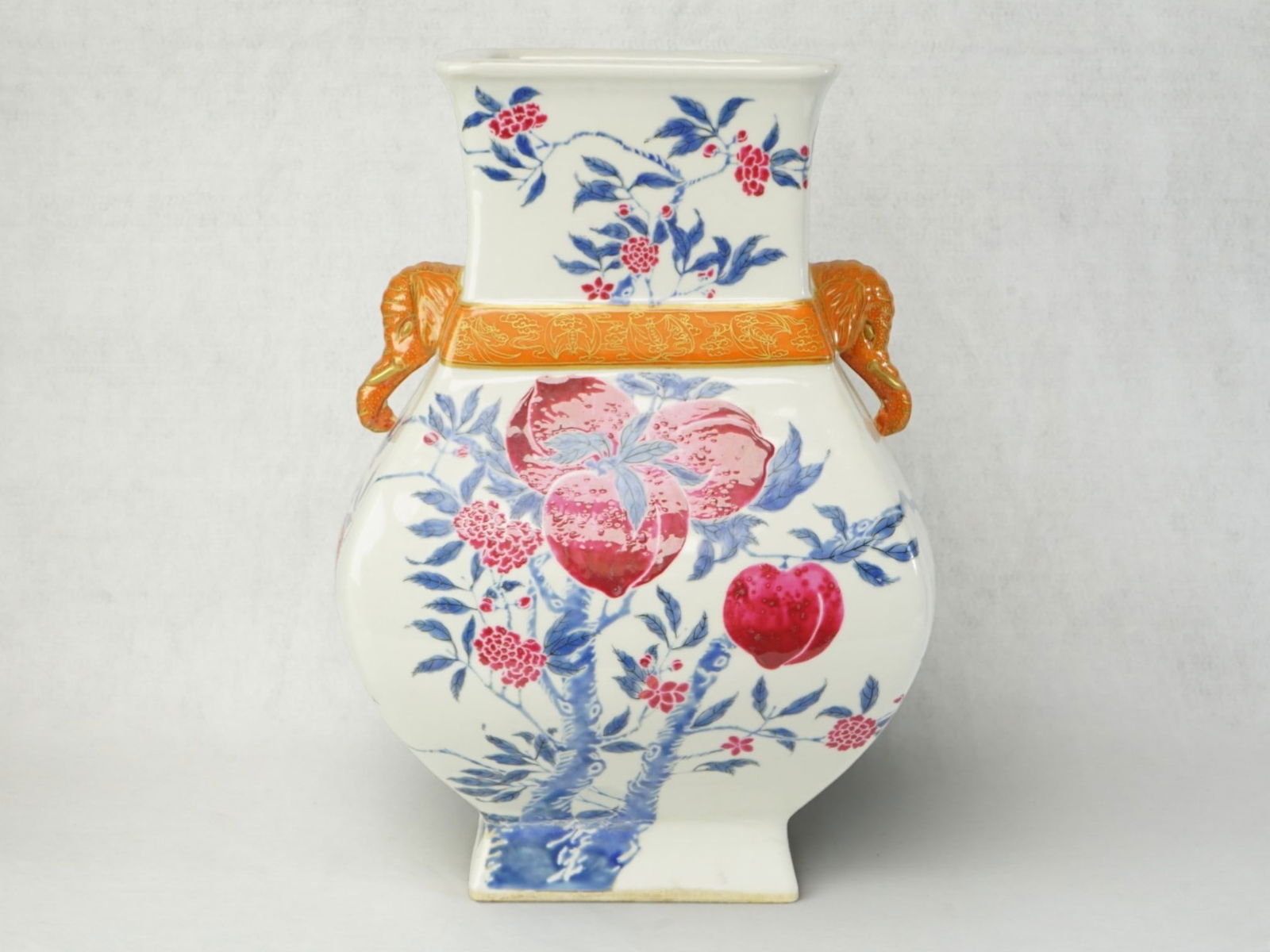 Chinese Famille Rose 'Peach and Bat' Elephant Handle Zun Vase: Approximate size: in Shipping: We offer in-house shipping services for most small items. This means that we will take care of packing and shipping the items directly to you. For larger or