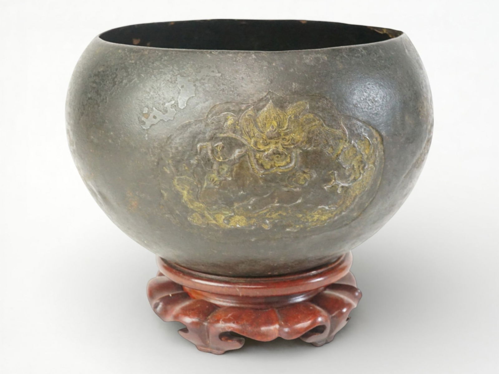 Japanese Iron Repousse Bowl with Parcel Gilt Dragon: Approximate size: 4.5x7x7 in Shipping: We offer in-house shipping services for most small items. This means that we will take care of packing and shipping the items directly to you. For larger or spec