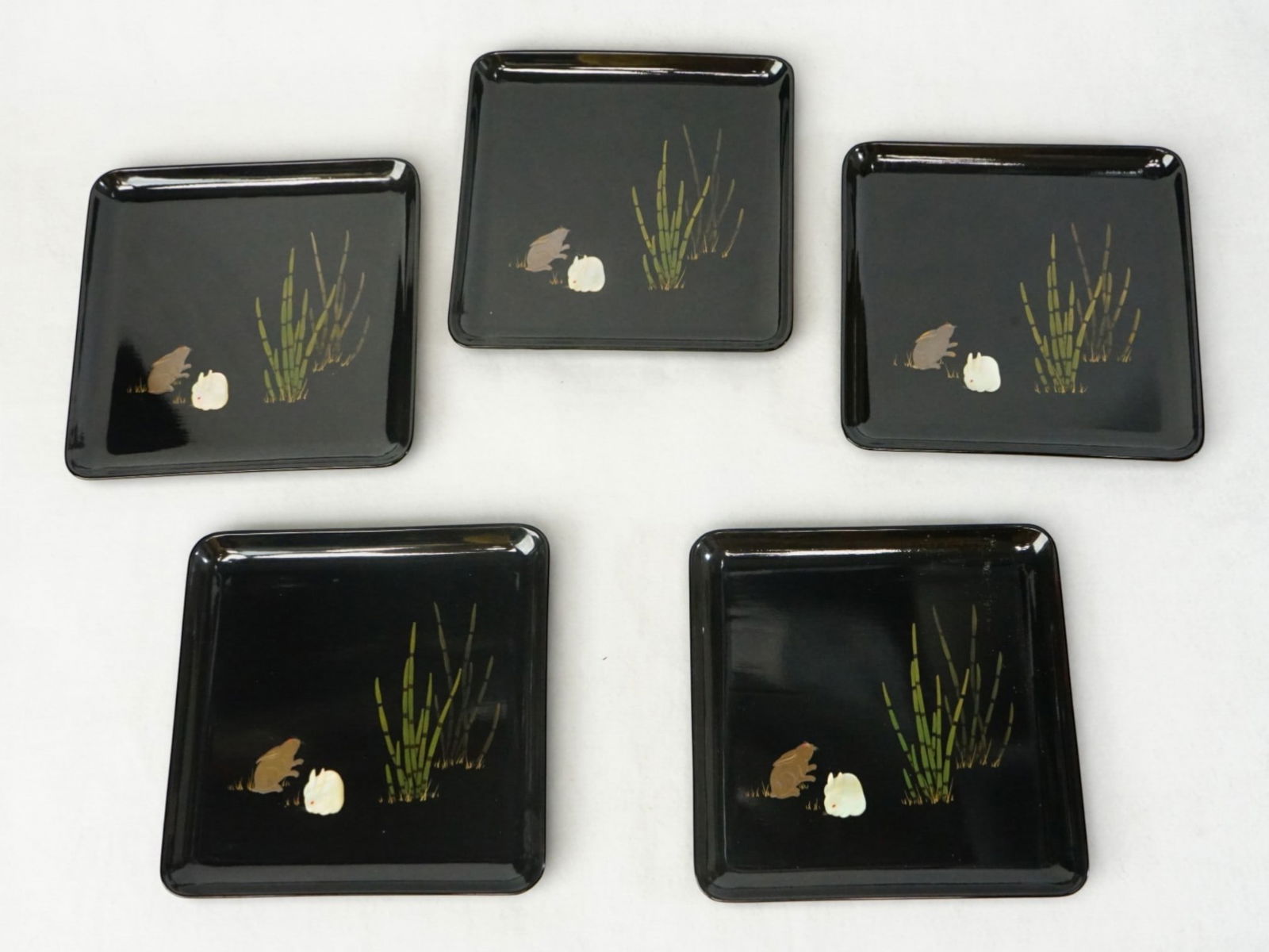 Set of Five Square Japaneee Lacquer Tray with Rabbit: Approximate size: dia 5 7/8 in Shipping: We offer in-house shipping services for most small items. This means that we will take care of packing and shipping the items directly to you. For larger or sp