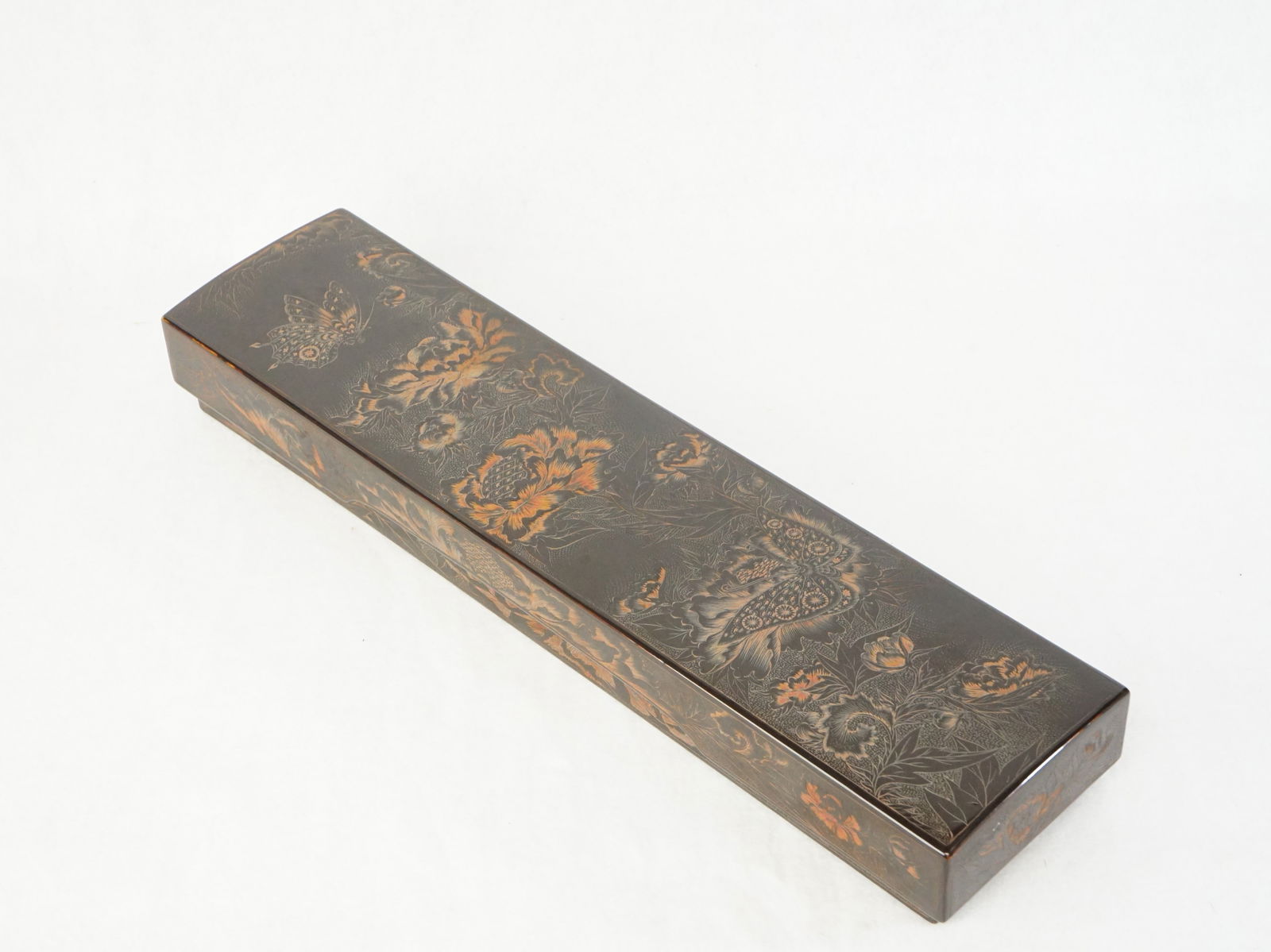 Japanese Lacquer Document Box with Carved Butterfly: Approximate size: 15.75x3.75x2 in Shipping: We offer in-house shipping services for most small items. This means that we will take care of packing and shipping the items directly to you. For larger or