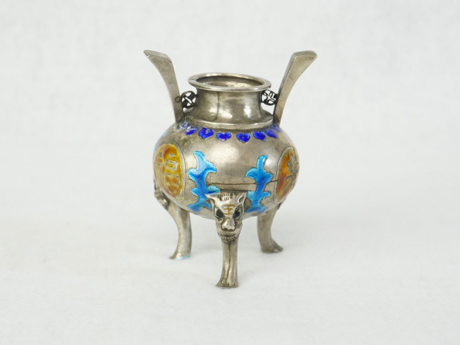 Chinese Silver and Cloisonne Enamel Tripod Censer: Approximate size:H:3.25 in Shipping: We offer in-house shipping services for most small items. This means that we will take care of packing and shipping the items directly to you. For larger or