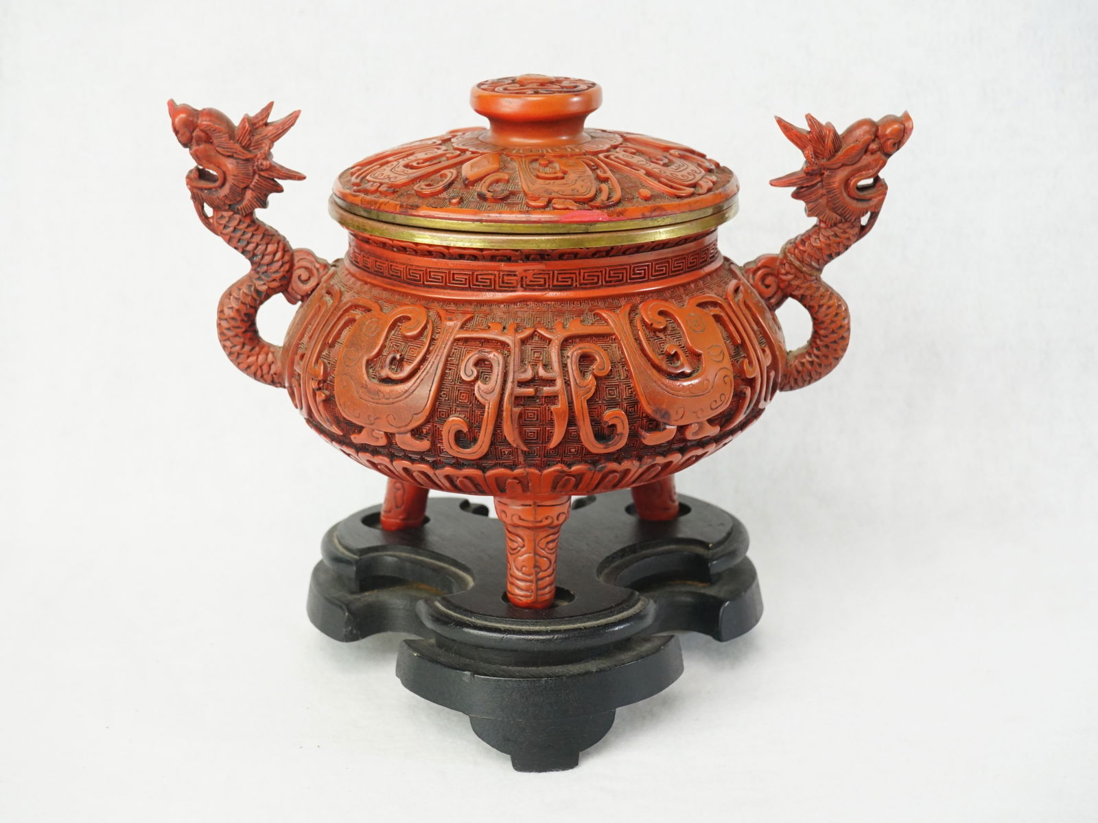 Chinese Faux Cinnabar Tripod Censer with Stand: Approximate size:10x8.5x7.5 in Shipping: We offer in-house shipping services for most small items. This means that we will take care of packing and shipping the items directly to you. For larger or