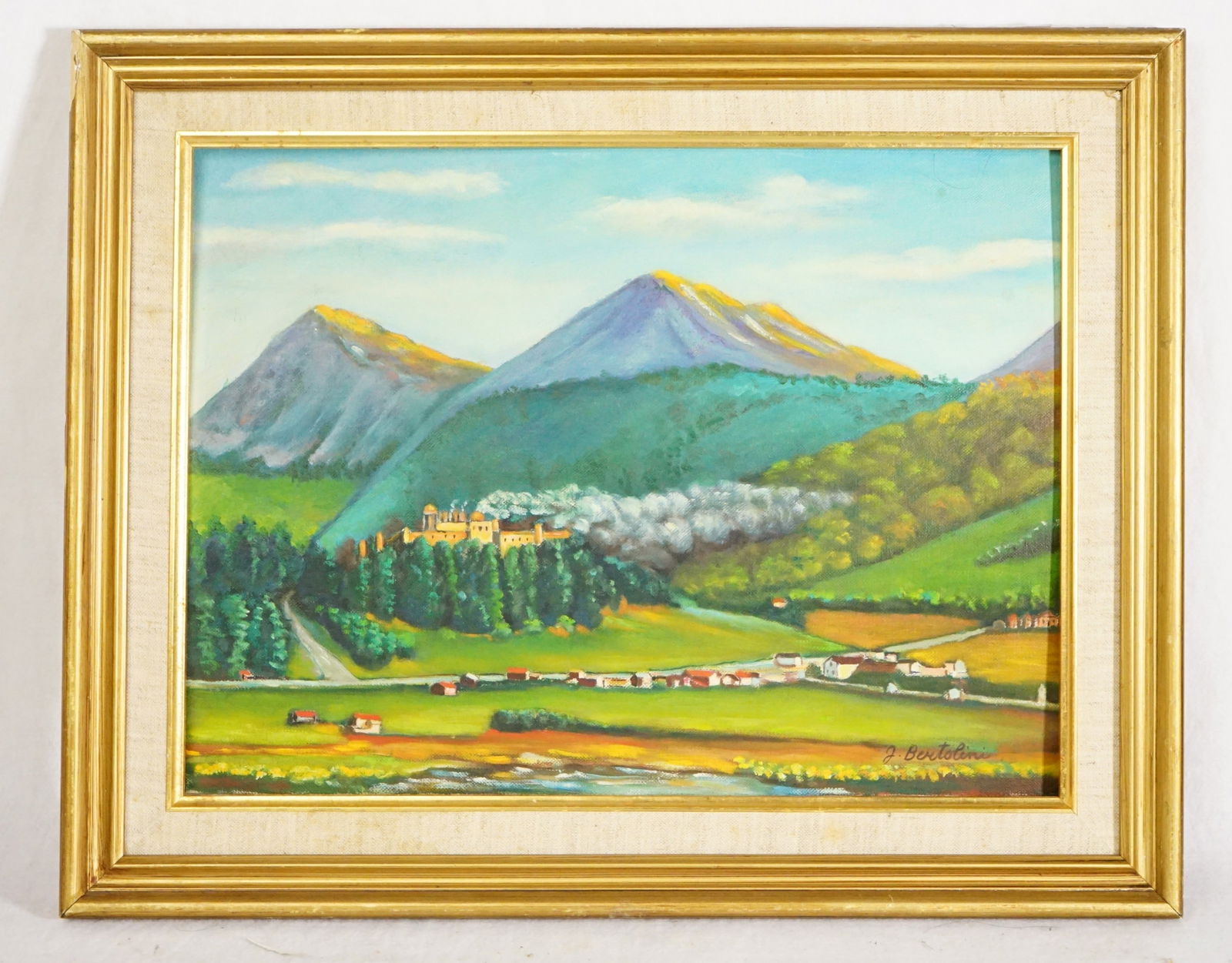 J. Bertolini, Alpine Landscape with Village, Oil on Canvas: Approximate size: frame19.5x5.5 in/11x12.5 in Shipping: We offer in-house shipping services for most small items. This means that we will take care of packing and shipping the items directly to you.
