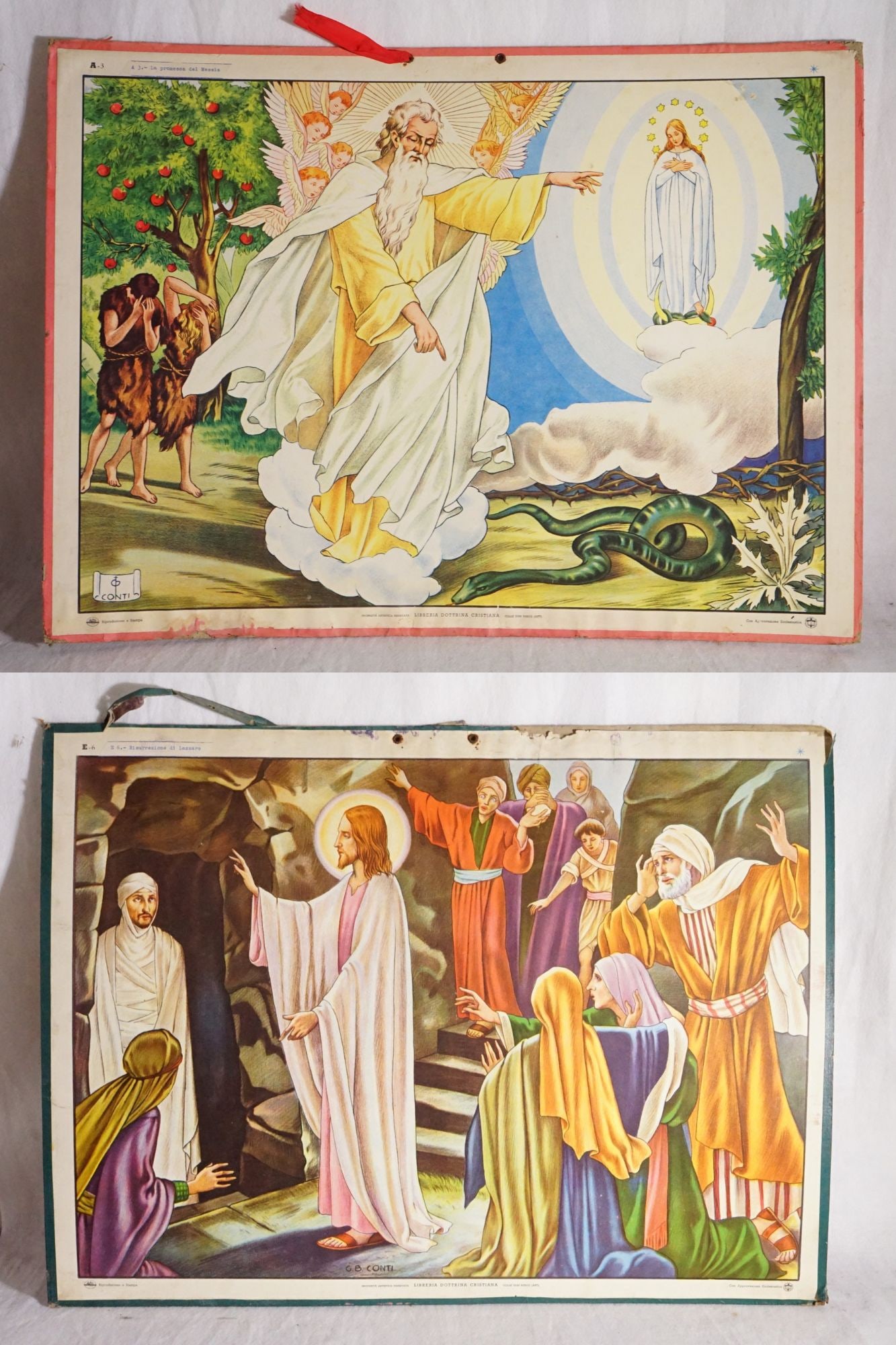 Two Catholic Biblical Scene Posters, Mid-20th Century: Approximate size:19x26 in (ea) Shipping: We offer in-house shipping services for most small items. This means that we will take care of packing and shipping the items directly to you. For larger or