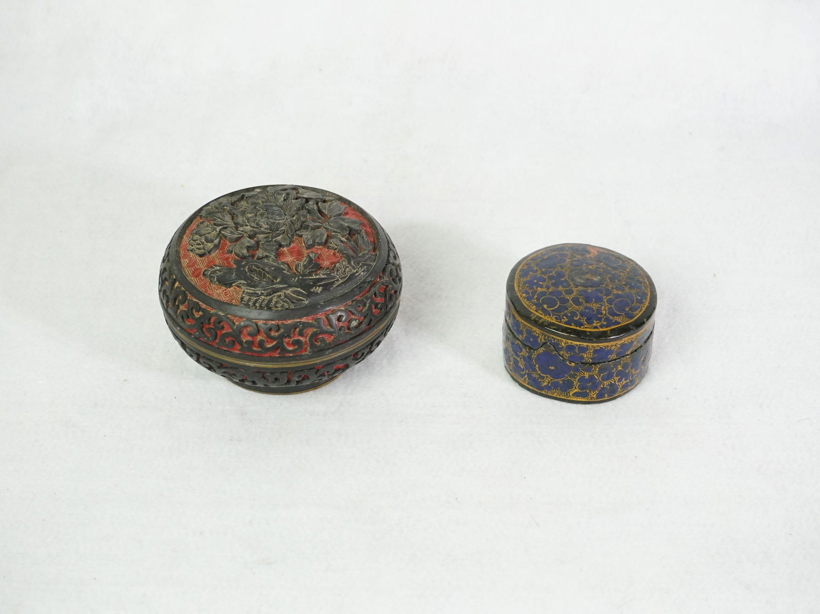 Two Asian Decorative Lidded Boxes, Carved and Enamel Decor (1 of 5)