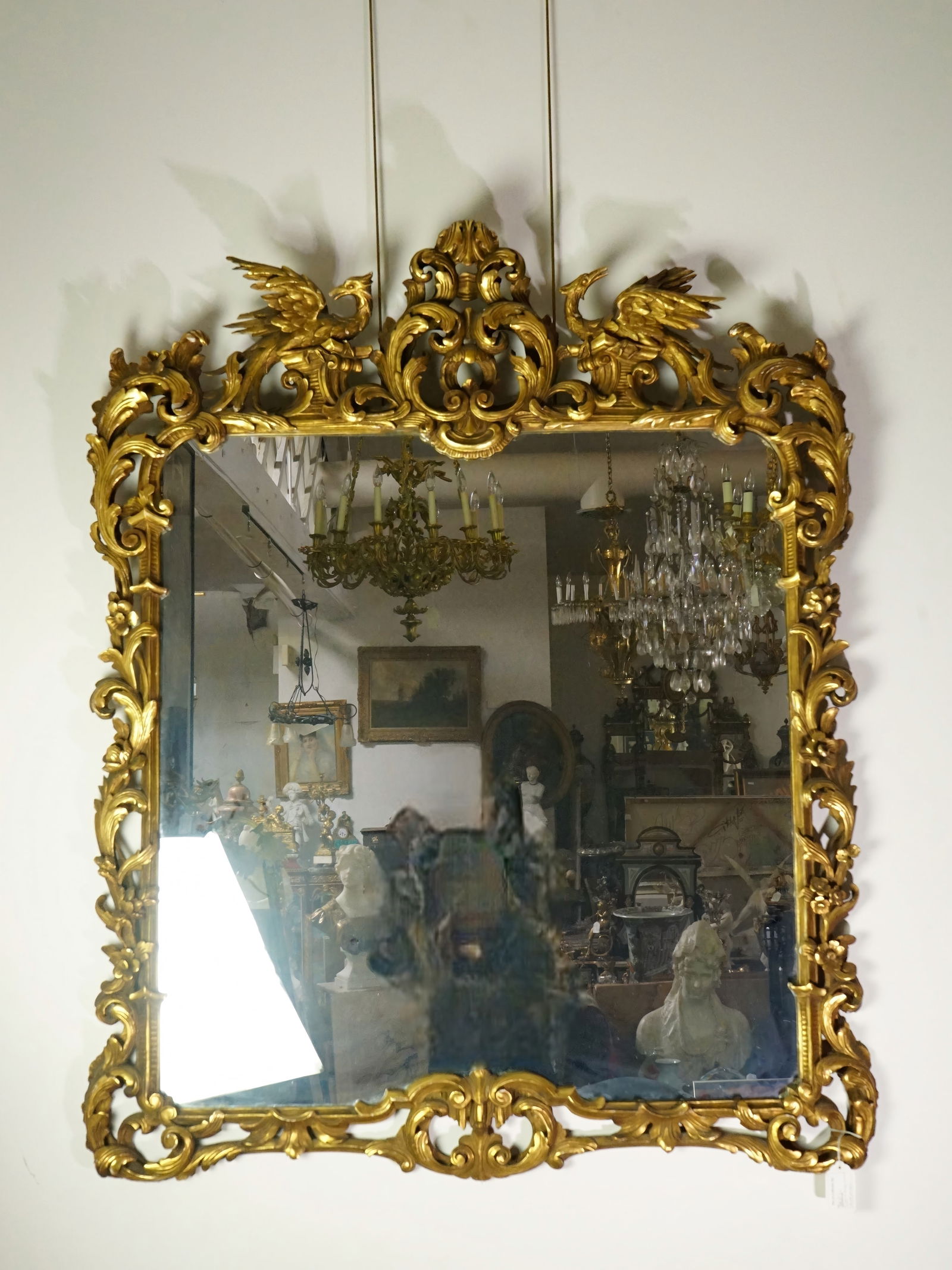 French Rococo-Style Giltwood Wall Mirror with Phoenix Crest (1 of 7)
