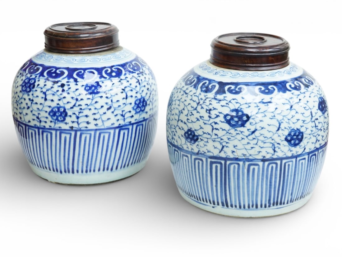 Pair of Chinese Blue and White Jars with Wood Covers,19th Century: Approximate size: 10x9.25x9.25 in Shipping: We offer in-house shipping services for most small items. This means that we will take care of packing and shipping the items directly to you. For larger