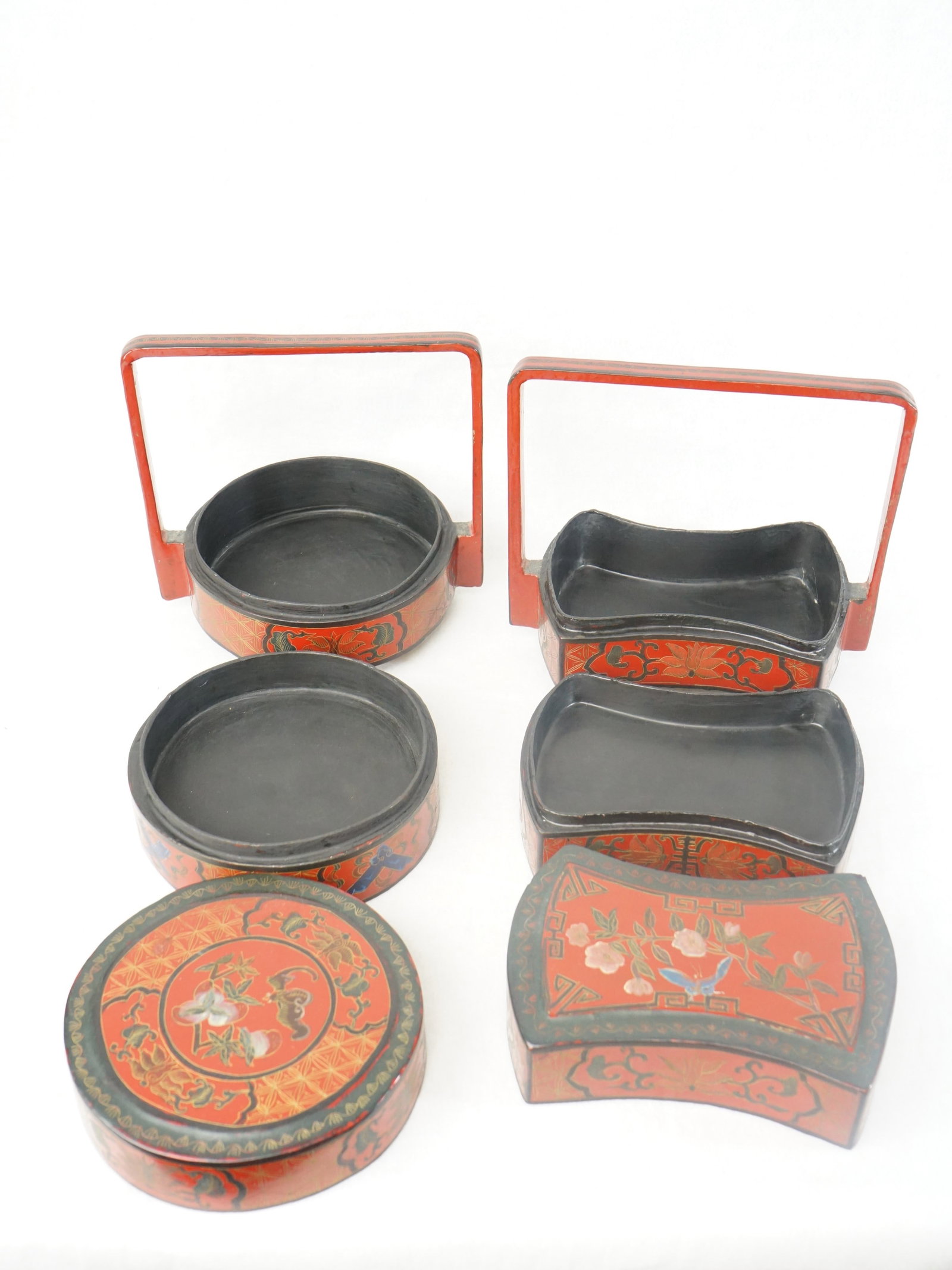Two Chinese Red and Black Lacquer Handled Stacking Boxes - 5