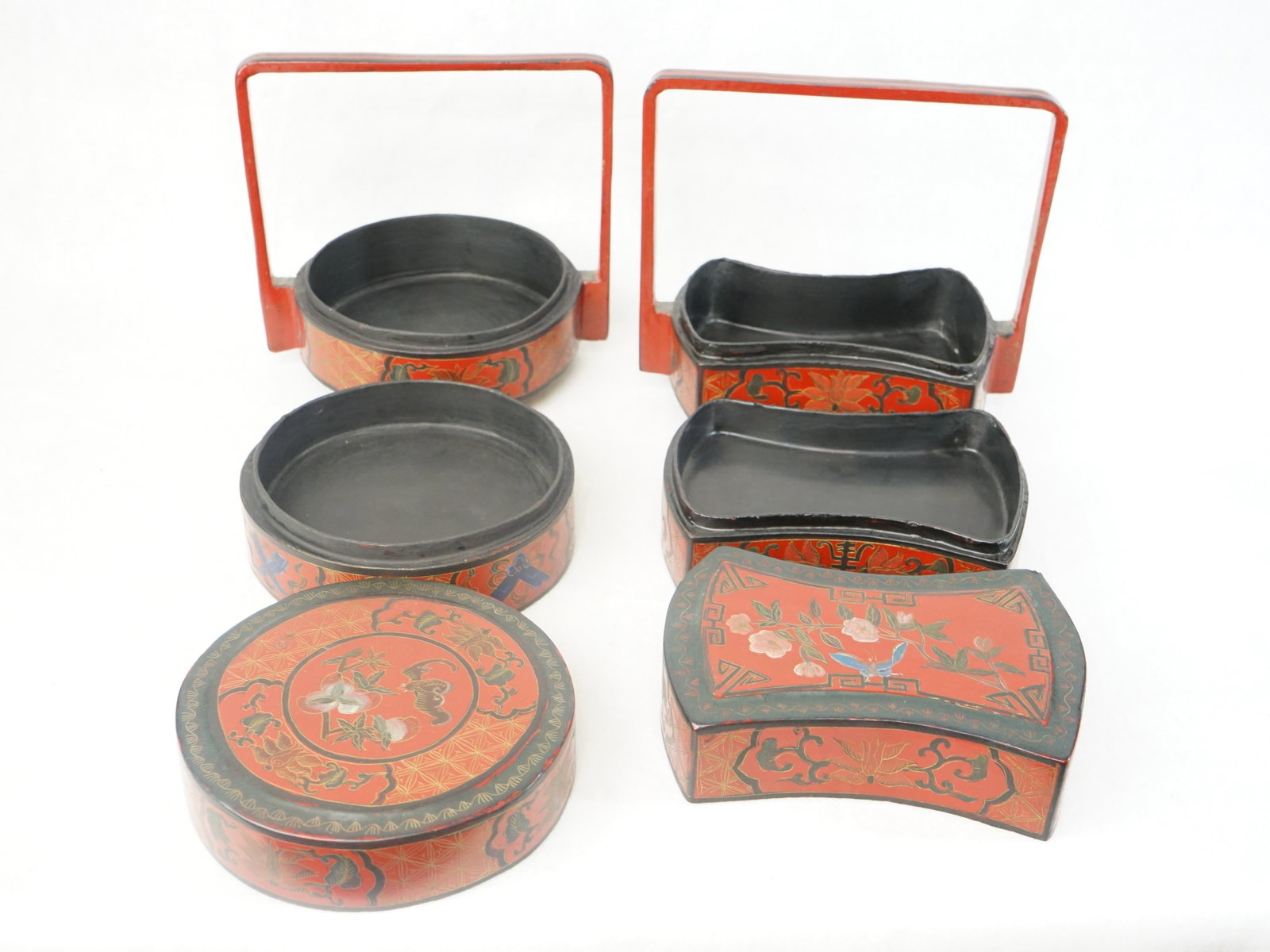 Two Chinese Red and Black Lacquer Handled Stacking Boxes - 6
