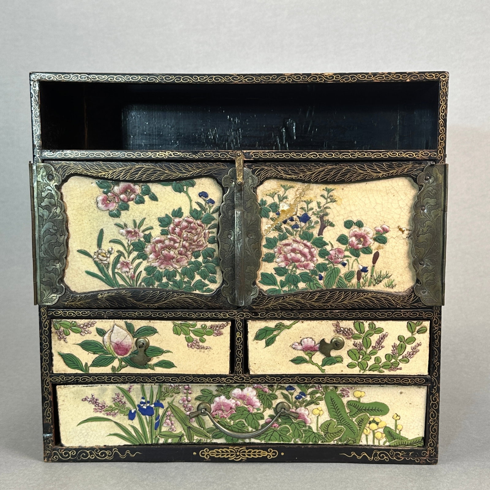 Japanese Lacquer Curio Cabinet with Porcelain Drawer,Meiji Period (1 of 11)